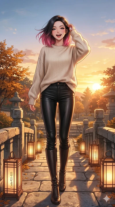 score_9, masterpiece, best quality, ultra-detailed, high-budget anime keyframe, vibrant anime aesthetic, Korean woman. low angle full-body shot from head to toe showing her feet, filling the entire 9:16 vertical frame with her statuesque presence, st