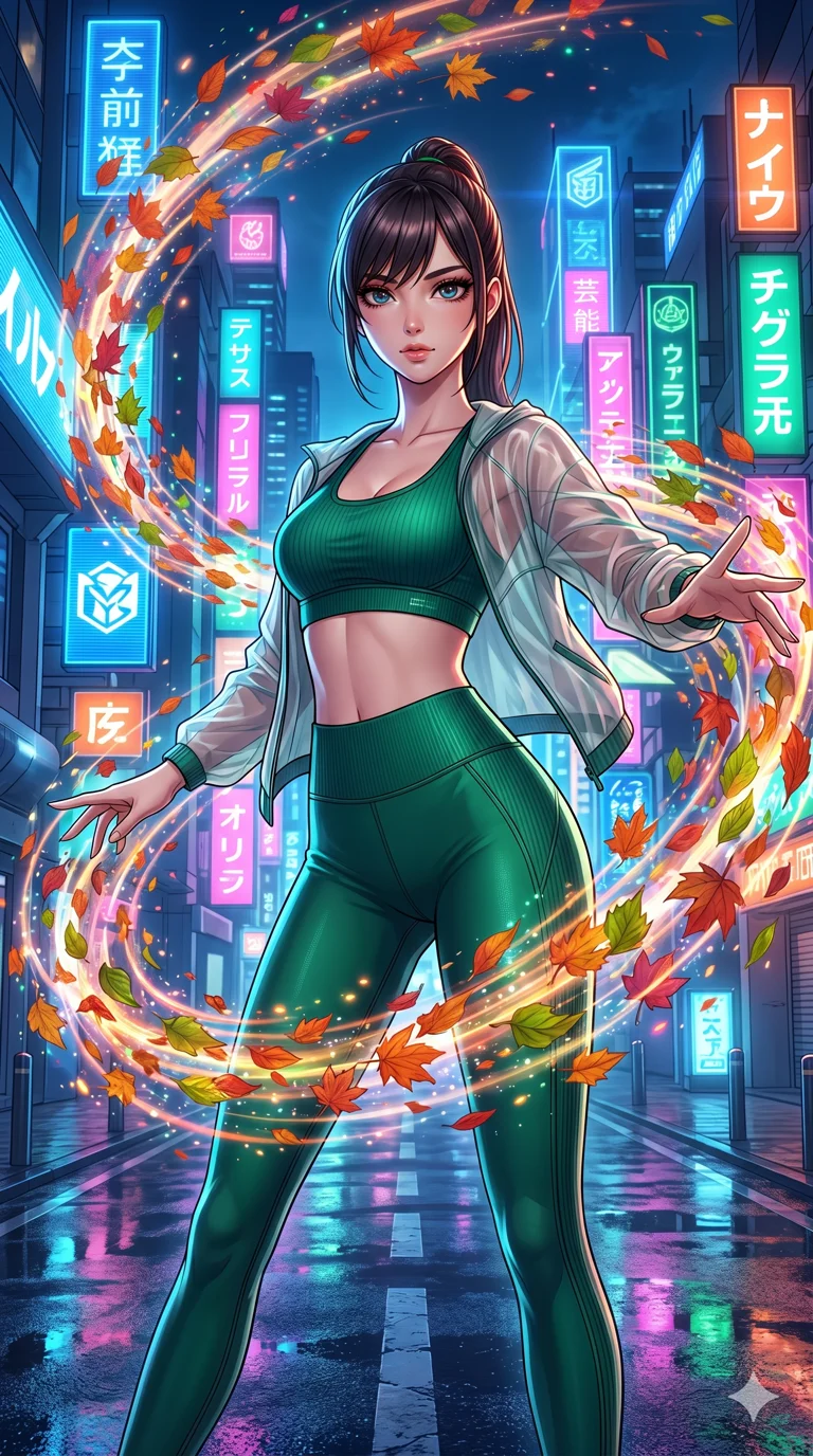 score_9, masterpiece, best quality, ultra-detailed, High-budget Anime Keyframe, beautiful Japanese anime girl. Upper body close-up from the thighs up, character filling the screen for maximum presence. Summoning a vortex of colorful leaves in a futuristic Tokyo street with neon signs. She has an absolutely perfect 8-heads proportion, an exceptionally tall and slender female figure with impossibly long slender legs and an ultra-slim waist. Sharp v-shaped jawline, high-bridge nose, intricate jewel-like eyes with depth, thick eyelashes, glossy lips with a natural sheen. Wearing a Premium Athleisure outfit: emerald ribbed sports bra and leggings set, sheer windbreaker, sleek high-performance activewear. Background is a bright and colorful environment with cinematic lighting, dynamic particle effects, and high-contrast shadows. 2k, ultra detail, master piece, 9:16 ratio