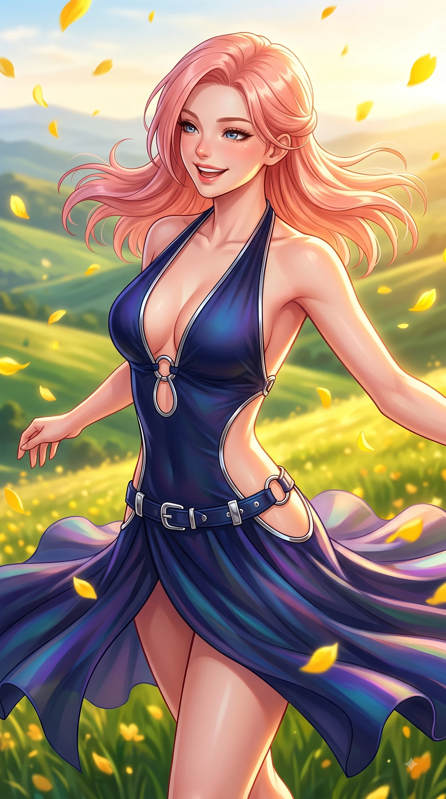 score_9, masterpiece, best quality, ultra-detailed, high-budget anime keyframe, editorial fashion photography, tasteful artistic composition, Japanese woman. close-up cowboy shot from the waist and thighs up, the character dominates the composition, filling the frame with her large presence, background elements kept in soft focus. Warm delightful smile while casting a playful, joyful side-gaze with heavy lashes and a glowing expression while spinning in mid-air with a delighted laughing expression as yellow petals rain around her, a sweeping vista of rolling green hills glowing in warm bright sunlight. She has an exceptionally elegant, slender, and willowy female figure with an ultra-slim waist, a gracefully sculpted slender torso, and a refined silhouette. sharp v-shaped jawline, high-bridge nose, intricate jewel-like eyes with depth, thick eyelashes, glossy lips with a natural sheen, flawlessly proportioned anatomical accuracy, natural body alignment, perfectly sculpted elegant limbs, clean dynamic posture without body distortion. wearing a deep-scoop halter bodycon dress with hip cutouts connected by silver rings in midnight navy blue and chrome trim, crafted from iridescent chiffon that shifts colors in the light, detailed with polished silver buckles along the waistline, the tailored fabric tightly following every curve of her athletic build. surrounded by a vibrant, uplifting atmosphere filled with golden radiance. highly saturated vibrant anime colors, detailed shading with soft gradients, rich glossy textures, high-contrast stereoscopic depth, volumetric dynamic lighting, master piece, 9:16 ratio