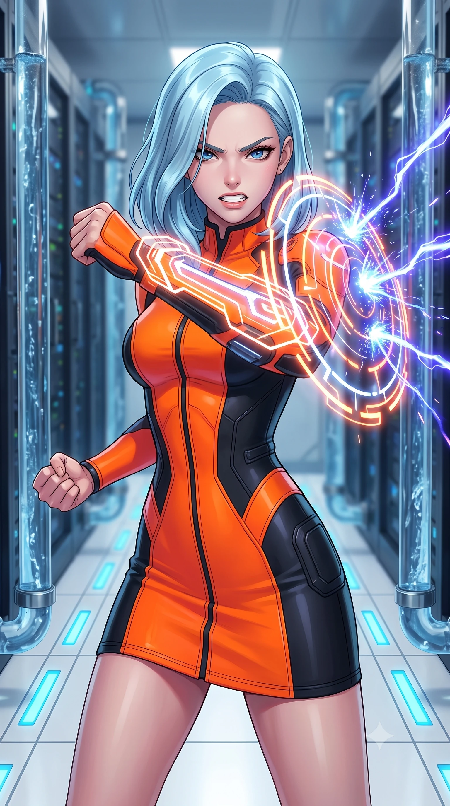 score_9, masterpiece, best quality, ultra-detailed, high-budget anime keyframe, editorial fashion photography, tasteful artistic composition, Korean woman. close-up cowboy shot from the waist and thighs up, the character dominates the composition, filling the frame with her large presence, background elements kept in soft focus. Deflecting incoming plasma bolts with a glowing energy shield attached to her forearm, teeth grit in determination. set against a soft-focus background of a corridor of water-cooled server racks, cold water visible pulsing through glass pipes along walls. She has an exceptionally elegant and slender, willowy female figure with an ultra-slim waist, a gracefully sculpted slender torso, and a refined slim physique. sharp v-shaped jawline, high-bridge nose, intricate jewel-like eyes with depth, thick eyelashes, glossy lips with a natural sheen. wearing tailored for maximum mobility, sleek form-contouring panels that allow fluid movement, a body-hugging body-hugging cybernetic dress in neon orange and black neoprene, featuring a high collar and structured seams. highly saturated vibrant anime colors, intense vivid color palette, soft 3D volumetric shading, volumetric dynamic lighting, ice-blue LED indicators lighting up the clean white floor panels. 2k, ultra detail, master piece, 9:16 ratio
