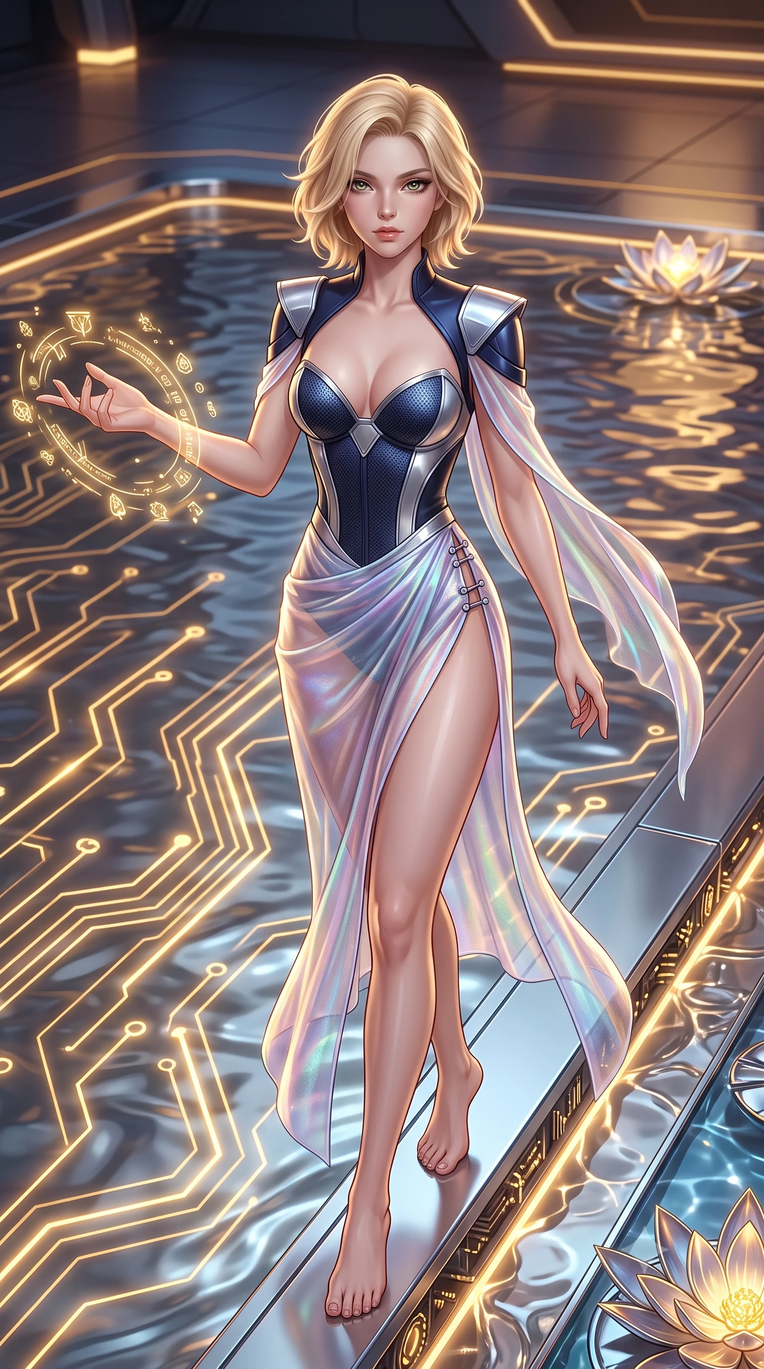 score_9, masterpiece, best quality, ultra-detailed, high-budget anime keyframe, semi-realistic 3D game render, editorial fashion photography, tasteful artistic composition, Caucasian woman. close-up cowboy shot from the waist and thighs up, the character dominates the composition, filling the frame with her large presence. extending one arm gracefully as floating holographic glyphs and nano-crystals orbit her fingertips with sovereign power while stepping along the pool edge with an ethereal, captivating gaze as golden circuit lines pulse beneath the liquid metal. The surrounding environment is rendered in vivid detail and crisp panoramic clarity. intricate cybernetic lotus stamen LEDs, polished chrome platform edges, and clear caustics in high clarity. She has an exceptionally elegant, slender, and willowy female figure with an ultra-slim waist, a gracefully sculpted slender torso, toned flat midriff, and a refined slim silhouette. sharp v-shaped jawline, high-bridge nose, intricate jewel-like eyes with depth, thick eyelashes, glossy lips with a natural sheen, flawlessly proportioned anatomical accuracy, strict slender model proportions, natural body alignment, perfectly sculpted long slender limbs, ultra-slim waistline, clean dynamic posture without body distortion. wearing a structured titanium-mesh bustier with geometric shoulder pauldrons and an ultra-slender liquid jersey drape in deep midnight navy blue and pure starlight chrome, crafted from delicate iridescent organza interwoven with luminescent micro-fibers, finished with an ultra-high side slit secured by miniature magnetic clasps, the liquid-tight tailored fabric emphasizing every curve of her tall, slender model proportions and sculptured silhouette during dynamic movement. bathed in warm golden circuit lotus uplights and glittering liquid mercury caustics. rich saturated anime colors with glowing neon highlights, detailed shading with soft gradients, rich glossy textures, high-contrast stereoscopic depth, volumetric dynamic lighting, master piece, 9:16 ratio