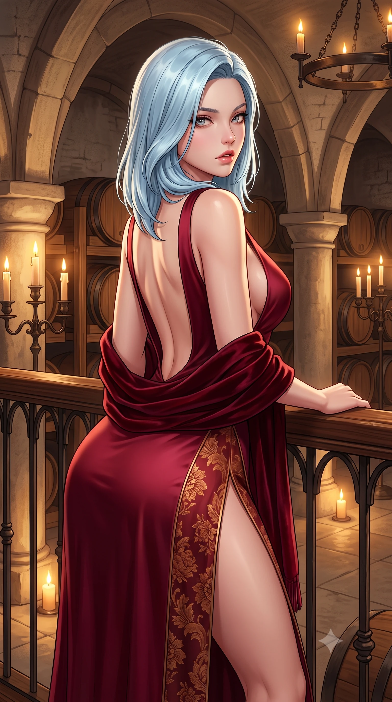 score_9, masterpiece, best quality, ultra-detailed, high-budget anime keyframe, semi-realistic 3D game render, editorial fashion photography, tasteful artistic composition, Korean woman. close-up cowboy shot from the waist and thighs up, the character dominates the composition, filling the frame with her large presence. leaning forward against the polished railing with her hips cocked back, creating an intoxicating curve from her narrow waist to sculpted hips as she gazes back into the lens while standing poised between towering limestone arches and dusty vintage wine racks, twisting her torso in a deep contrapposto stance to display her feminine hourglass curves. The surrounding environment is rendered in vivid detail and crisp panoramic clarity. sharp aged oak wood grain, wrought-iron barrel hoops, and chalk cellar wall textures in deep focus. She has an exceptionally elegant, slender, and willowy female figure with an ultra-slim waist, a gracefully sculpted slender torso, toned flat midriff, and rounded feminine hips creating an alluring hourglass silhouette. sharp v-shaped jawline, high-bridge nose, intricate jewel-like eyes with depth, thick eyelashes, glossy parted lips with a natural sheen, intensely captivating and seductive bedroom-eyes expression, flawlessly proportioned anatomical accuracy, strict slender model proportions, natural body alignment, perfectly sculpted long slender limbs, ultra-slim waistline, clean dynamic posture without body distortion. wearing a plunging-V neckline wine-red duchess satin gown with high side slits ascending to the high hip in aged tawny port amber and molten copper, made of rich textured floral silk jacquard with subtle gold thread, complemented by a plush velvet shawl draped loosely over her elbows, the dramatically scooped open back descending to the base of her spine, accentuating her razor-sharp statuesque lines and curvy hourglass silhouette. bathed in warm flickering candlelight from antique candelabras and soft amber floor uplights. highly saturated vibrant anime colors, detailed shading with soft gradients, rich glossy textures, high-contrast stereoscopic depth, volumetric dynamic lighting, master piece, 9:16 ratio