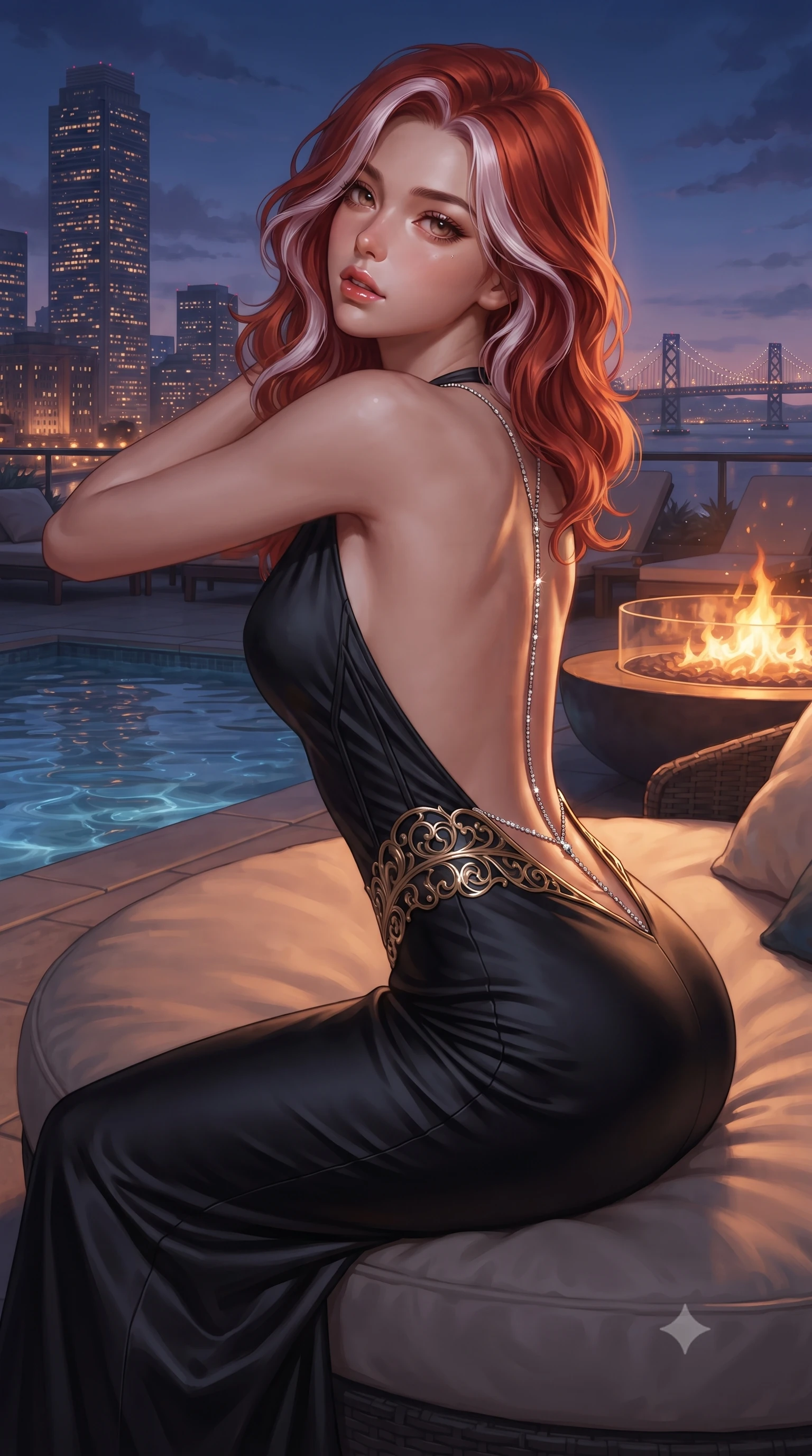 score_9, masterpiece, best quality, ultra-detailed, high-budget anime keyframe, editorial fashion photography, tasteful artistic composition, Caucasian woman. close-up cowboy shot from the waist and thighs up, the character dominates the composition, filling the frame with her large presence. leaning back with relaxed seductive grace, her sculpted collarbones and narrow waist highlighted as she casts smoldering bedroom-eyes directly into the camera while stretching languidly across an oversized circular lounge daybed, spine arched as warm midnight city light illuminates her sculpted hip silhouette. The surrounding environment is rendered in vivid detail and crisp panoramic clarity. detailed skyscraper skyline panoramas, distant suspension bridges, and pool water ripples in high resolution. She has an exceptionally elegant, slender, and willowy female figure with an ultra-slim waist, a gracefully sculpted slender torso, toned flat midriff, and rounded feminine hips creating an alluring hourglass silhouette. sharp v-shaped jawline, high-bridge nose, intricate jewel-like eyes with depth, thick eyelashes, glossy parted lips with a natural sheen, intensely captivating and seductive bedroom-eyes expression, flawlessly proportioned anatomical accuracy, strict slender model proportions, natural body alignment, perfectly sculpted long slender limbs, ultra-slim waistline, clean dynamic posture without body distortion. wearing a sleek obsidian column dress with gold filigree hip cincher and plunging backline in pearlescent opal with soft violet luster, made of fluid silk crepe with delicate inner corsetry boning, accented with a glittering diamond back chain tracing her bare spine down to her hip line, the dramatically scooped open back descending to the base of her spine, accentuating her razor-sharp statuesque lines and curvy hourglass silhouette. bathed in twilight indigo sky tones and warm amber rooftop fire pit glow. ultra-reflective glossy finish, specular highlights, rich textural contrasts, high-contrast stereoscopic depth, volumetric dynamic lighting, 2k, ultra detail, master piece, 9:16 ratio