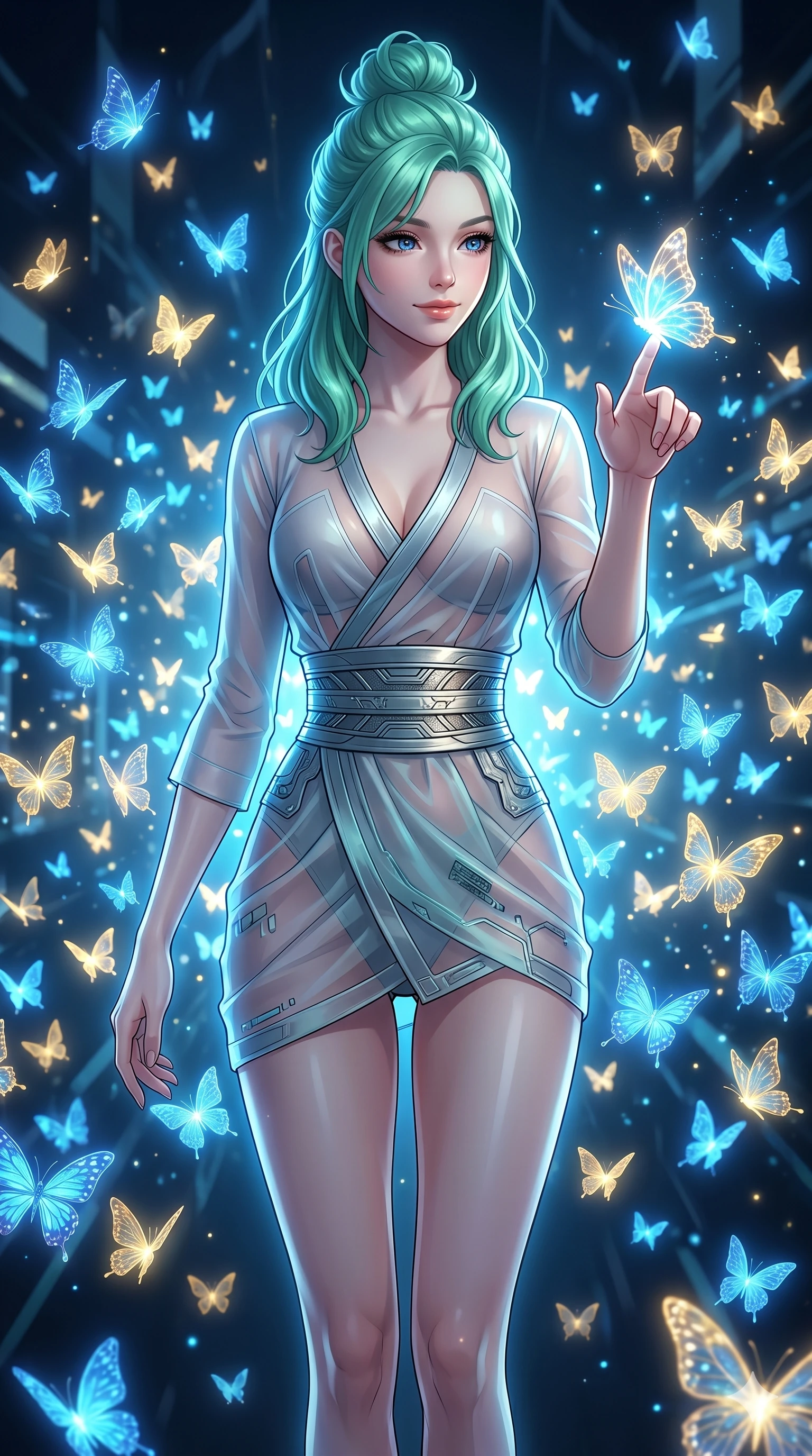 score_9, masterpiece, best quality, ultra-detailed, high-budget anime keyframe, editorial fashion photography, tasteful artistic composition, Japanese woman. Upper body close-up from the thighs up, character filling the screen for maximum presence. She is surrounded by thousands of glowing digital butterflies that orbit her body. She reaches out to let one land on her finger, looking at it with a soft, captivating smile. She has an absolutely perfect 8-heads proportion, an exceptionally tall and slender female figure with impossibly long slender legs and an ultra-slim waist. V-shaped jawline, high-bridge nose, intricate jewel-like eyes with depth, thick eyelashes, glossy lips with a natural sheen. She is wearing a shortened cyber-fusion wrap top with transparent chiffon panels, a deep crossover neckline, and a high-waisted metallic sash that accentuates her ultra-slim waist. The scene is lit by brilliant blue and gold light from the butterflies and a sharp side key light. 2k, ultra detail, master piece, 9:16 ratio
