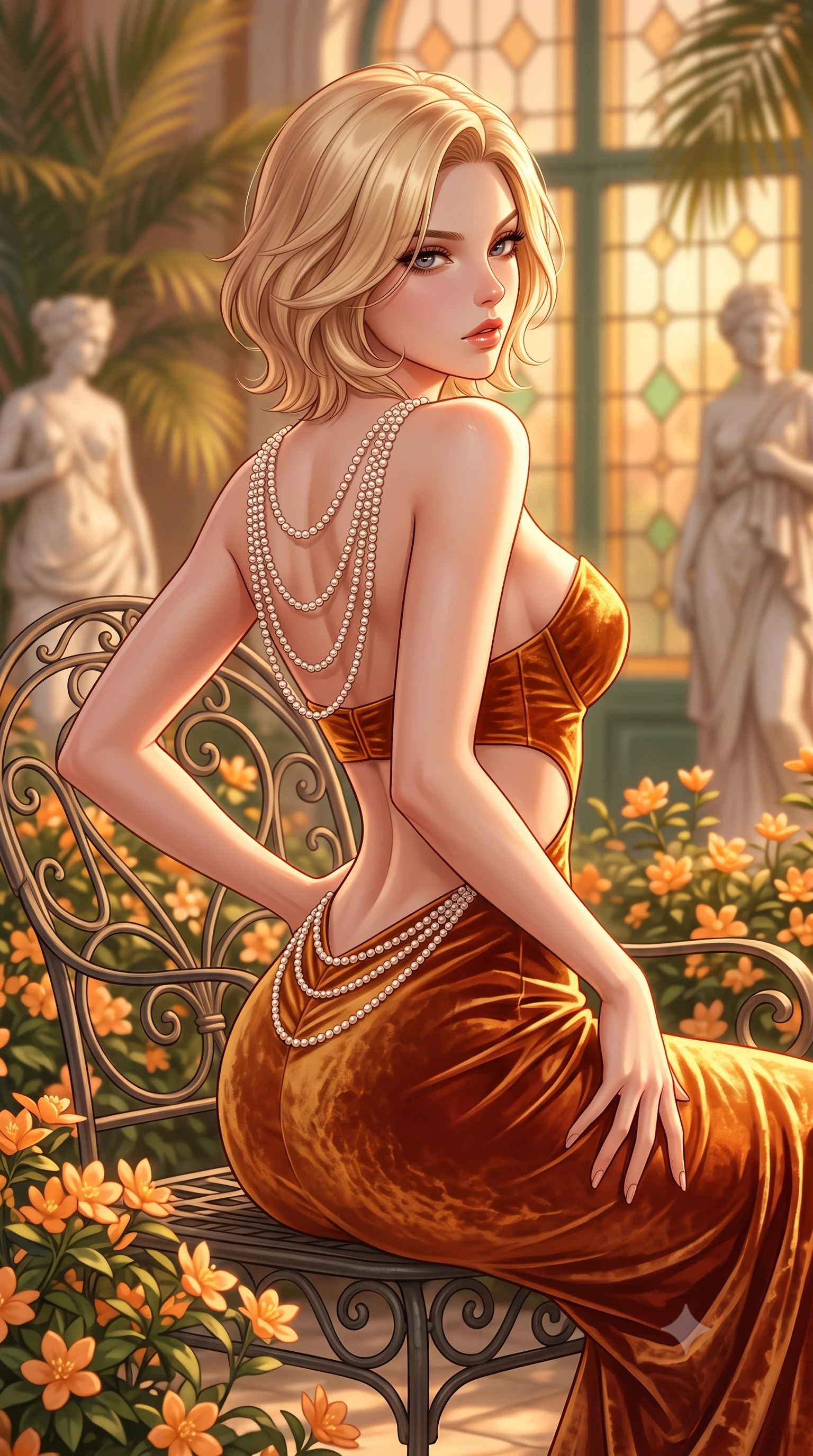 score_9, masterpiece, best quality, ultra-detailed, high-budget anime keyframe, semi-realistic 3D game render, editorial fashion photography, tasteful artistic composition, Caucasian woman. close-up cowboy shot from the waist and thighs up, the character dominates the composition, filling the frame with her large presence. posing in an alluring rear three-quarter angle, arching her lower back in a pronounced S-curve with one hand on her hip, glancing seductively over her bare shoulder with parted glossy lips while reclining across a wrought-iron garden lounger surrounded by flowering orange blossoms, her flat midriff and feminine hips bathed in golden sunset rays. The composition keeps background elements in soft focus with creamy bokeh. towering exotic palm fronds, marble classical statues, and leaded glass window grids blurred into warm apricot, jade, and gold bokeh. She has an exceptionally elegant, slender, and willowy female figure with an ultra-slim waist, flat toned midriff, narrow ribcage, and sculpted feminine hips creating an alluring, slim hourglass silhouette without bulk. sharp v-shaped jawline, high-bridge nose, intricate jewel-like eyes with depth, thick eyelashes, glossy parted lips with a natural sheen, intensely captivating and seductive bedroom-eyes expression, flawlessly proportioned anatomical accuracy, strict slender model proportions, natural body alignment, perfectly sculpted long slender limbs, ultra-slim waistline, clean dynamic posture without body distortion. wearing a deep sweetheart neckline crushed velvet corseted ballgown with an exposed midriff cutout in molten desert gold and burnt terracotta, crafted from heavyweight crushed silk velvet with liquid vintage luster, accented with a multi-strand pearl back necklace cascading down her bare spine to her hips, the form-contouring material adhering flawlessly to her sculpted flat midriff and slender torso, emphasizing her long leg lines and perfectly proportioned willowy build. illuminated by warm marble floor bounce light contouring her sculpted collarbones, ultra-slim waist, and curvy hips. highly saturated vibrant anime colors, detailed shading with soft gradients, rich glossy textures, high-contrast stereoscopic depth, volumetric dynamic lighting, master piece, 9:16 ratio