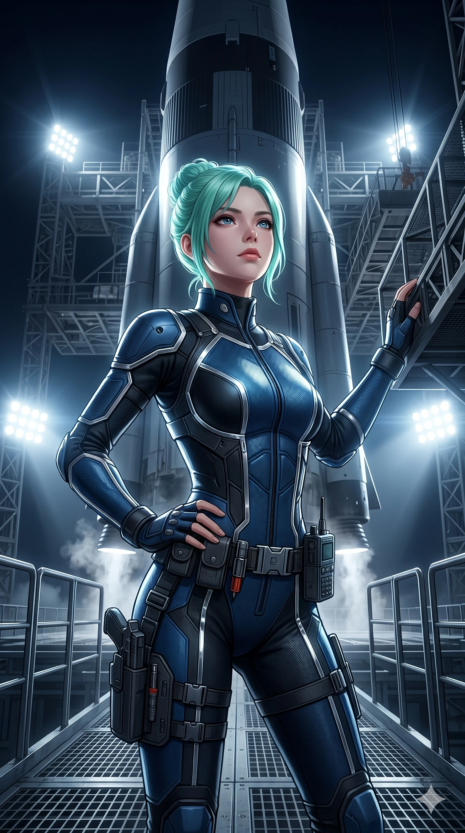 score_9, masterpiece, best quality, ultra-detailed, high-budget anime keyframe, semi-realistic 3D game render, Japanese woman. Upper body close-up from the thighs up, character filling the screen for maximum presence. On a spacecraft launchpad, next to a transport rocket, looking up at the rocket with a determined, confident look. She is wearing a tailored tech-jumpsuit with reflective silver piping and a utility belt. The scene is illuminated by the bright white spotlights of the launchpad. 2k, ultra detail, master piece, 9:16 ratio