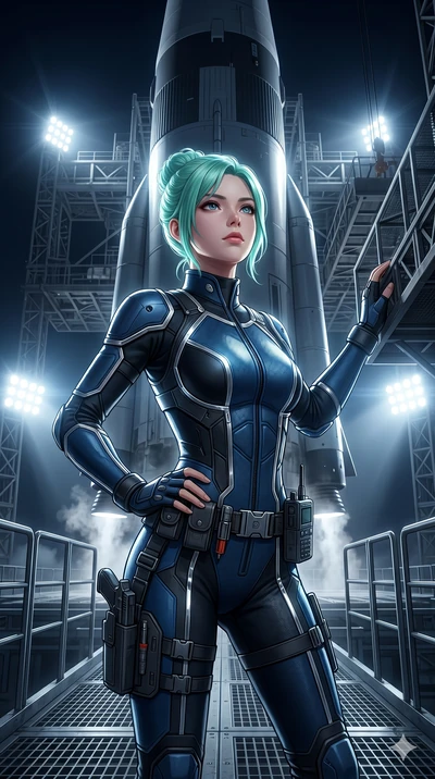 score_9, masterpiece, best quality, ultra-detailed, high-budget anime keyframe, semi-realistic 3D game render, Japanese woman. Upper body close-up from the thighs up, character filling the screen for maximum presence. On a spacecraft launchpad, next 