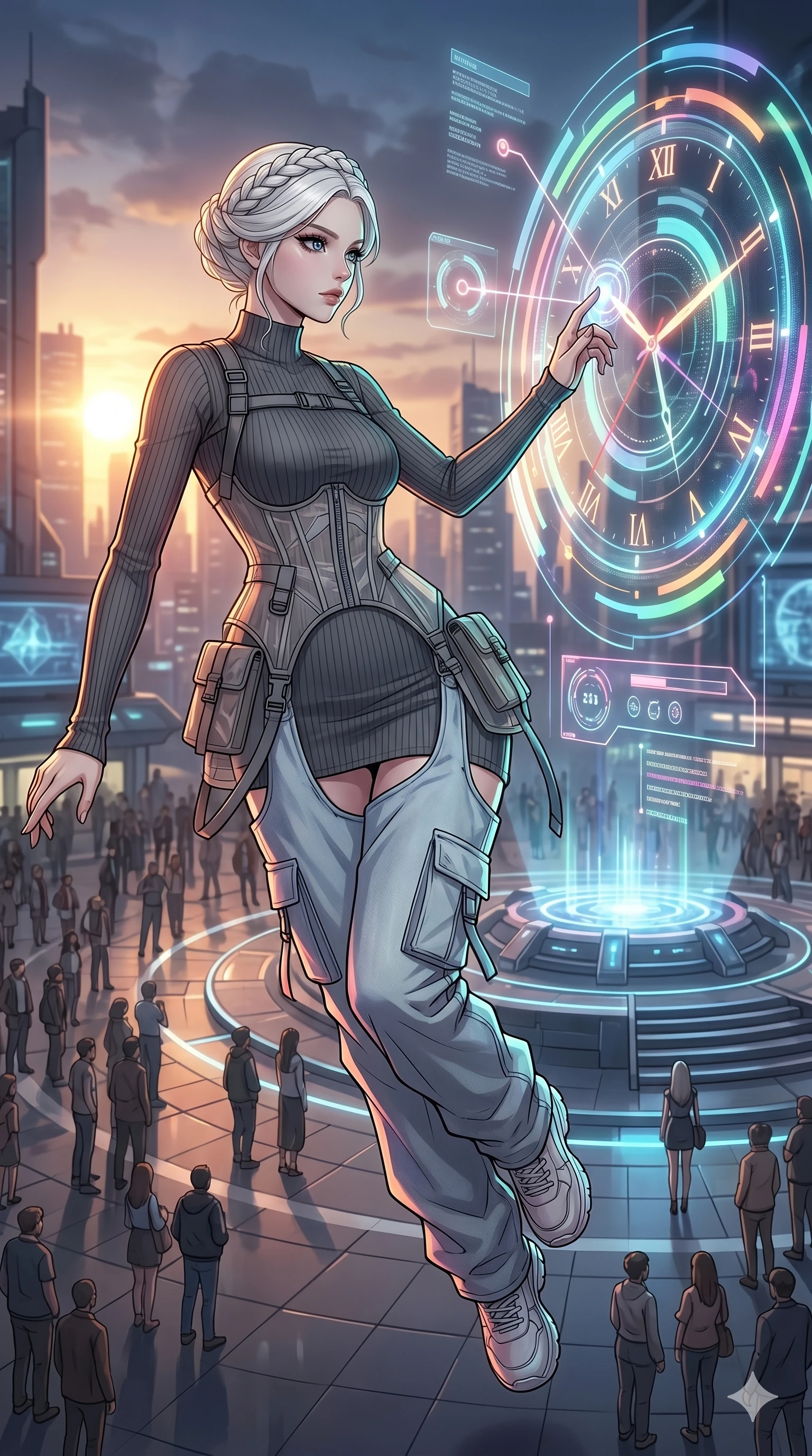 score_9, masterpiece, best quality, ultra-detailed, high-budget anime movie keyframe, cinematic anime lighting, intricate line art, Japanese anime girl. Mid-air action shot capturing a graceful twist and vertical silhouette. interfacing with a giant holographic world clock in a plaza. She has an absolutely perfect 8-heads proportion, an exceptionally tall and slender female figure with an ultra-slim waist and impossibly long slender legs. strictly human anatomy, two legs only, no extra limbs, clearly defined legs and arms, perfect anatomy, perfect hands and fingers. sharp v-shaped jawline, high-bridge nose, intricate jewel-like eyes, thick eyelashes, glossy lips. Wearing Urban Trendsetter: Ribbed bodycon dress, crop top with high-waist denim, and sheer corset with cargo pants. The scene is illuminated by dramatic atmospheric lighting and vibrant color palettes. , 2k, ultra detail, master piece, 9:16 ratio