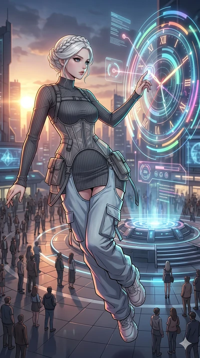 score_9, masterpiece, best quality, ultra-detailed, high-budget anime movie keyframe, cinematic anime lighting, intricate line art, Japanese anime girl. Mid-air action shot capturing a graceful twist and vertical silhouette. interfacing with a giant 
