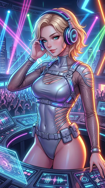 score_9, masterpiece, best quality, ultra-detailed, high-budget anime keyframe, Caucasian woman, strictly human ears. Upper body close-up from the thighs up, character filling the screen for maximum presence. She is adjusting glowing neon headphones 