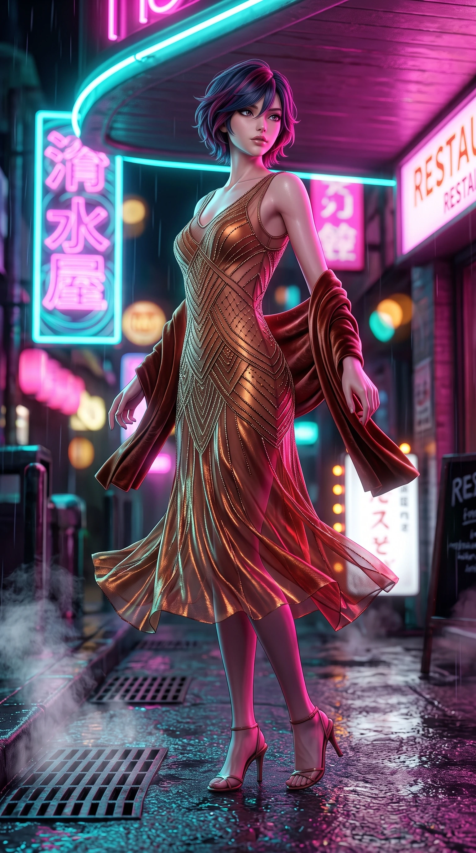 score_9, masterpiece, best quality, ultra-detailed, high-budget anime keyframe, semi-realistic 3D game render, editorial fashion photography, tasteful artistic composition, Korean woman. low angle full-body shot from head to toe showing her feet, filling the entire 9:16 vertical frame with her statuesque presence, stretching her vertical silhouette. executing an elegant mid-motion pivot turn as garments swirl around her slender limbs, glancing over her shoulder with an intoxicating bedroom-gaze while standing poised under a glowing neon overhang, twisting her upper body in an alluring S-curve as steam escapes from iron street grates into the rain. The composition keeps background elements in soft focus with creamy bokeh. swirling holographic kanji signs and rain-drenched neon restaurant signs blurred into hot magenta, laser turquoise, and amber bokeh. She has an exceptionally tall and slender model-like 8.5-heads proportion, an ultra-slim waist, a flat toned midriff, narrow delicate ribcage, and beautifully sculpted feminine hips creating a graceful, slim hourglass silhouette without any bulky heaviness, with impossibly long slender legs. sharp v-shaped jawline, high-bridge nose, intricate jewel-like eyes with depth, thick eyelashes, glossy parted lips with a natural sheen, intensely captivating and seductive bedroom-eyes expression, flawlessly proportioned anatomical accuracy, strict slender model proportions, natural body alignment, perfectly sculpted long slender limbs, ultra-slim waistline, clean dynamic posture without body distortion. wearing a sheer vintage mesh flapper dress adorned with intricate geometric beadwork over an opaque silk slip in molten desert gold and burnt terracotta, crafted from luxurious metallic lamé that shifts radiance with every step, complemented by a plush velvet shawl draped loosely over her elbows, the second-skin form-contouring cut accentuating her sculpted flat midriff, narrow delicate ribcage, and gracefully curvy hips with supermodel precision. bathed in high-contrast electric magenta and turquoise neon edge lights contrasting with rain-soaked shadow tones. highly saturated vibrant anime colors, detailed shading with soft gradients, rich glossy textures, high-contrast stereoscopic depth, volumetric dynamic lighting, master piece, 9:16 ratio