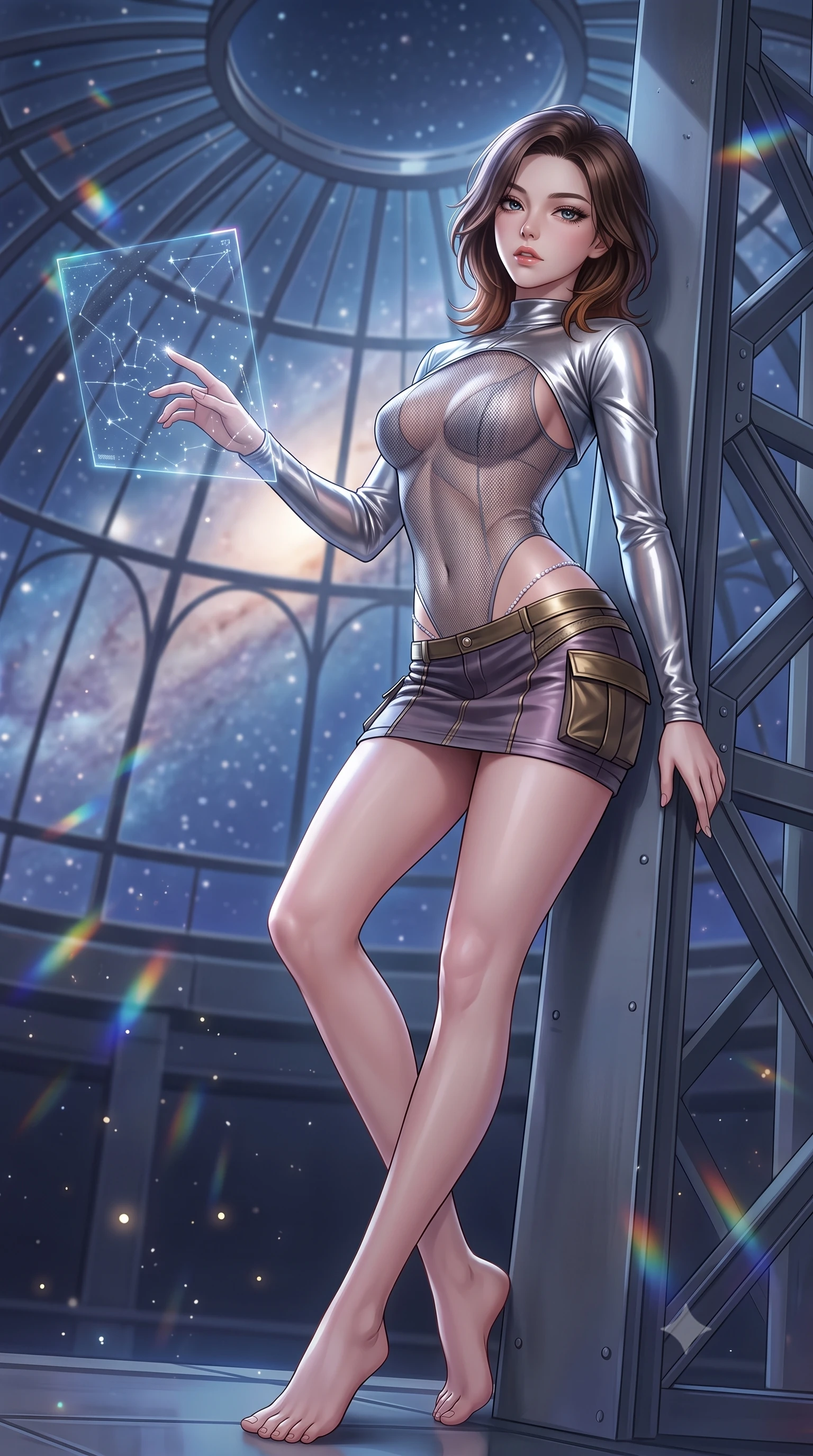 score_9, masterpiece, best quality, ultra-detailed, high-budget anime keyframe, semi-realistic 3D game render, editorial fashion photography, tasteful artistic composition, Korean woman. low angle full-body shot from head to toe showing her feet, filling the entire 9:16 vertical frame with her statuesque presence, stretching her vertical silhouette. leaning deep against the structural architecture with hips cocked in an unapologetically bold, seductive high-fashion stance while arching her spine in a fluid dancer stretch beneath the open observatory glass dome, fingers lightly tracing a floating star map. The composition keeps background elements in soft focus with creamy bokeh. floating stardust flecks and prismatic telescope lens refractions scattering ethereal light motes. She has an absolutely perfect, statuesque 8.5-heads proportion, an exceptionally tall and slender model-like female figure with impossibly long slender legs, a toned flat midriff, an ultra-slim waist, and beautifully sculpted feminine hips. sharp v-shaped jawline, high-bridge nose, intricate jewel-like eyes with depth, thick eyelashes, glossy parted lips with a natural sheen, intensely captivating and seductive bedroom-eyes expression, flawlessly proportioned anatomical accuracy, strict slender model proportions, natural body alignment, perfectly sculpted long slender limbs, ultra-slim waistline, clean dynamic posture without body distortion. wearing a futuristic sheer mesh bodysuit layered under a metallic silver shrug bolero and micro cargo skirt in dusky celestial plum and antique brass gold, made of flexible reflective spandex and metallic webbing, accented with a dainty diamond hip chain framing her feminine curves, the second-skin form-contouring cut accentuating her sculpted flat midriff, narrow waistline, and dramatically curvy hips without adding bulk. illuminated by starlight edge lights carving her slender waist, bare collarbones, and feminine hip line. highly saturated vibrant anime colors, detailed shading with soft gradients, rich glossy textures, high-contrast stereoscopic depth, volumetric dynamic lighting, master piece, 9:16 ratio