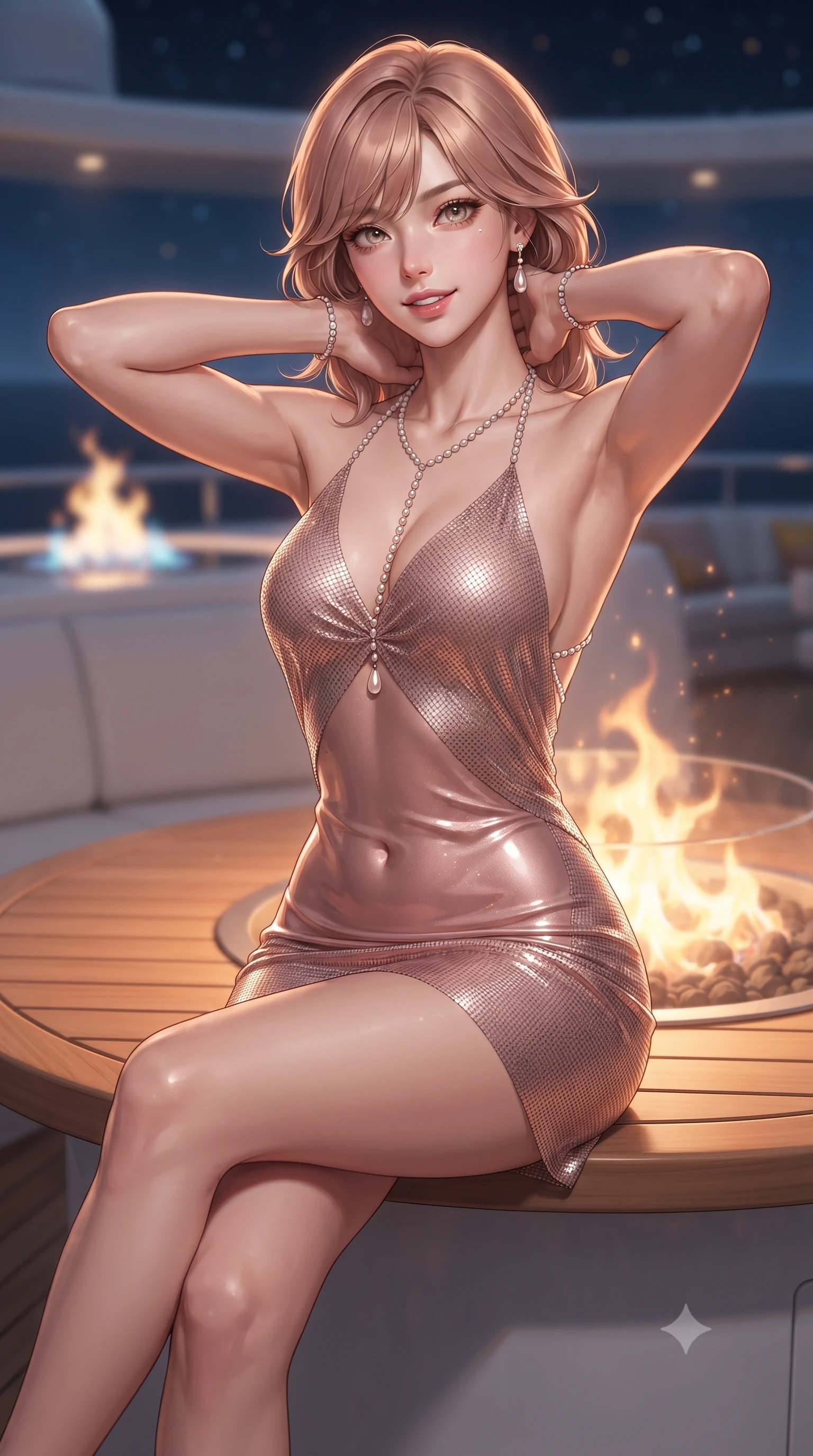 score_9, masterpiece, best quality, ultra-detailed, high-budget anime keyframe, editorial fashion photography, tasteful artistic composition, Korean woman. close-up cowboy shot from the waist and thighs up, the character dominates the composition, filling the frame with her large presence. resting both hands lightly behind her neck with elbows raised, arching her spine to highlight her narrow waist, flat midriff, and breathtaking collarbones while sitting perched on the circular teak rim with legs crossed, holding a glass of vintage rosé with an alluring, parted-lip smile. The background shows a soft-focus clean blue-and-yellow gas fire bowl flames, sleek bow lines of the yacht, and dark Caribbean sea blurred into honey, sapphire, and starlight bokeh. She has an exceptionally elegant, slender, and willowy female figure with an ultra-slim waist, flat toned midriff, narrow ribcage, and sculpted feminine hips creating an alluring, slim hourglass silhouette without bulk. sharp v-shaped jawline, high-bridge nose, sparkling eyes with hypnotic seductive depth, thick curled eyelashes, glossy parted lips with a natural dewy peach sheen, alluring bedroom-eyes with an enchanting coquettish smile, exuding magnetic siren charisma and sophisticated glamour, flawlessly proportioned anatomical accuracy, strict slender model proportions, natural body alignment, perfectly sculpted long slender limbs, ultra-slim waistline, clean dynamic posture without body distortion. wearing a slinky backless halterneck column mini dress in shimmering liquid vinyl clinging like a second skin in dusky blush pink and warm ivory lace, crafted from shimmering fluid chainmail mesh reflecting ambient lights, accented with a pearl-drop body harness subtly framing her dewy collarbones and spine, the form-contouring silhouette accentuating her sculpted flat midriff, narrow delicate ribcage, and gracefully curvy hips with intoxicating allure. bathed in the warm dancing glow of the central fire table combined with subtle blue deck courtesy lights. ultra-reflective glossy finish, specular highlights, rich textural contrasts, high-contrast stereoscopic depth, volumetric dynamic lighting, 2k, ultra detail, master piece, 9:16 ratio