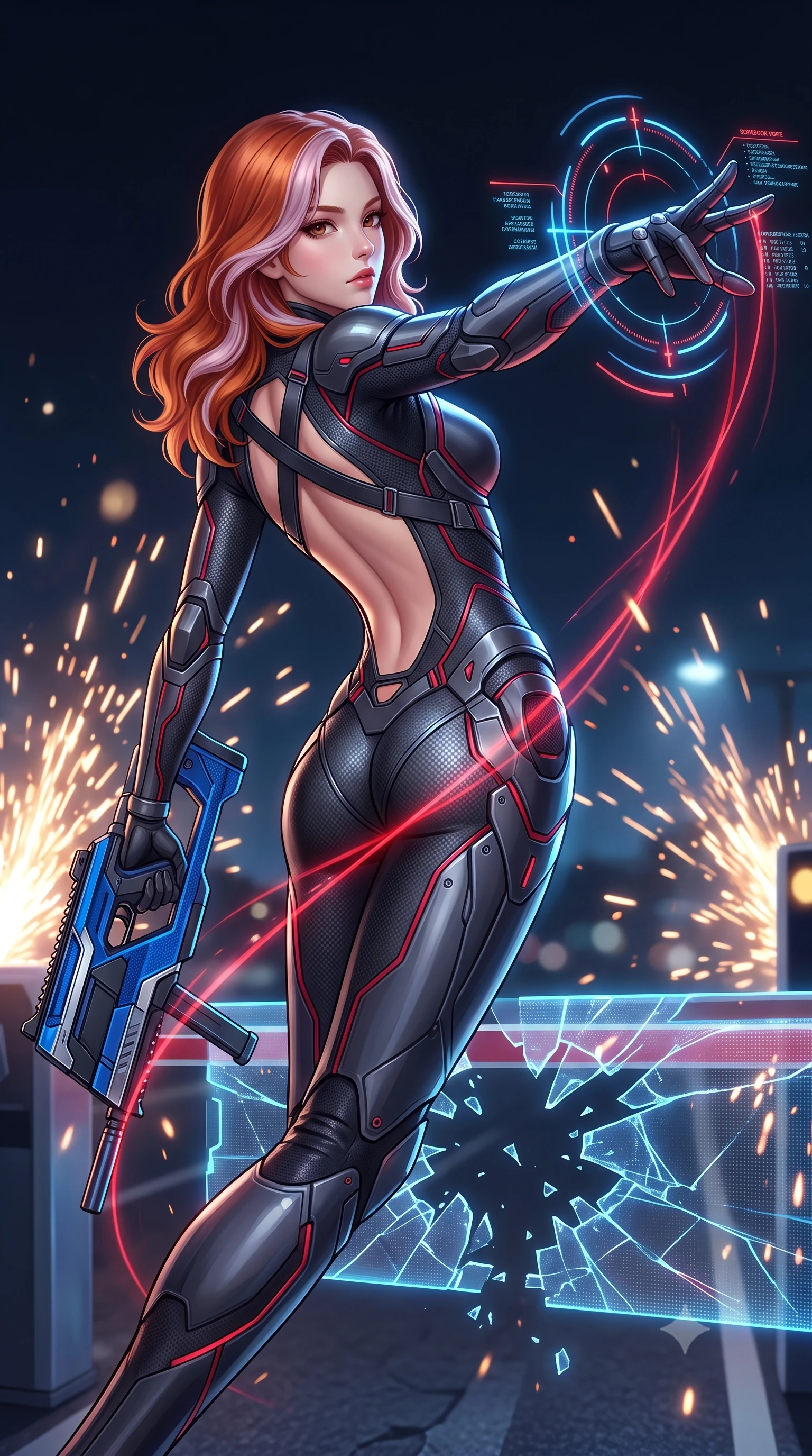 score_9, masterpiece, best quality, ultra-detailed, high-budget anime keyframe, semi-realistic 3D game render, editorial fashion photography, tasteful artistic composition, Caucasian woman. close-up cowboy shot from the waist and thighs up, the character dominates the composition, filling the frame with her large presence. extending one arm gracefully as glowing holographic targeting reticles and data streams orbit her fingertips with sovereign power while arching her spine in a fluid vault over a holographic toll barrier as crimson blade light traces her athletic torso. The composition keeps background elements in soft focus with creamy bokeh. sparks from vibro-blades scattering radiant light motes across a dark nocturnal highway backdrop. She has an exceptionally elegant, slender, and willowy female figure with an ultra-slim waist, a gracefully sculpted slender torso, toned flat midriff, and a refined slim silhouette. sharp v-shaped jawline, high-bridge nose, intricate jewel-like eyes with depth, thick eyelashes, glossy lips with a natural sheen, flawlessly proportioned anatomical accuracy, strict slender model proportions, natural body alignment, perfectly sculpted long slender limbs, ultra-slim waistline, clean dynamic posture without body distortion. wearing a second-skin dark gunmetal carbon-weave battle-suit with crimson laser conduits, brandishing a sleek high-tech composite submachine weapon with effortless allure in electric cobalt blue carbon with polished platinum trim, made of lightweight aerodynamic carbon-titanium alloy with polished edge bevels, complemented by criss-cross back harness straps highlighting her completely bare spine, the form-contouring material adhering flawlessly to her sculpted flat midriff and slender torso, emphasizing her long leg lines and perfectly proportioned willowy build. illuminated by sharp specular highlights tracing her ultra-slim waist, long legs, and sculpted armor plates. rich saturated anime colors with glowing neon highlights, detailed shading with soft gradients, rich glossy textures, high-contrast stereoscopic depth, volumetric dynamic lighting, master piece, 9:16 ratio