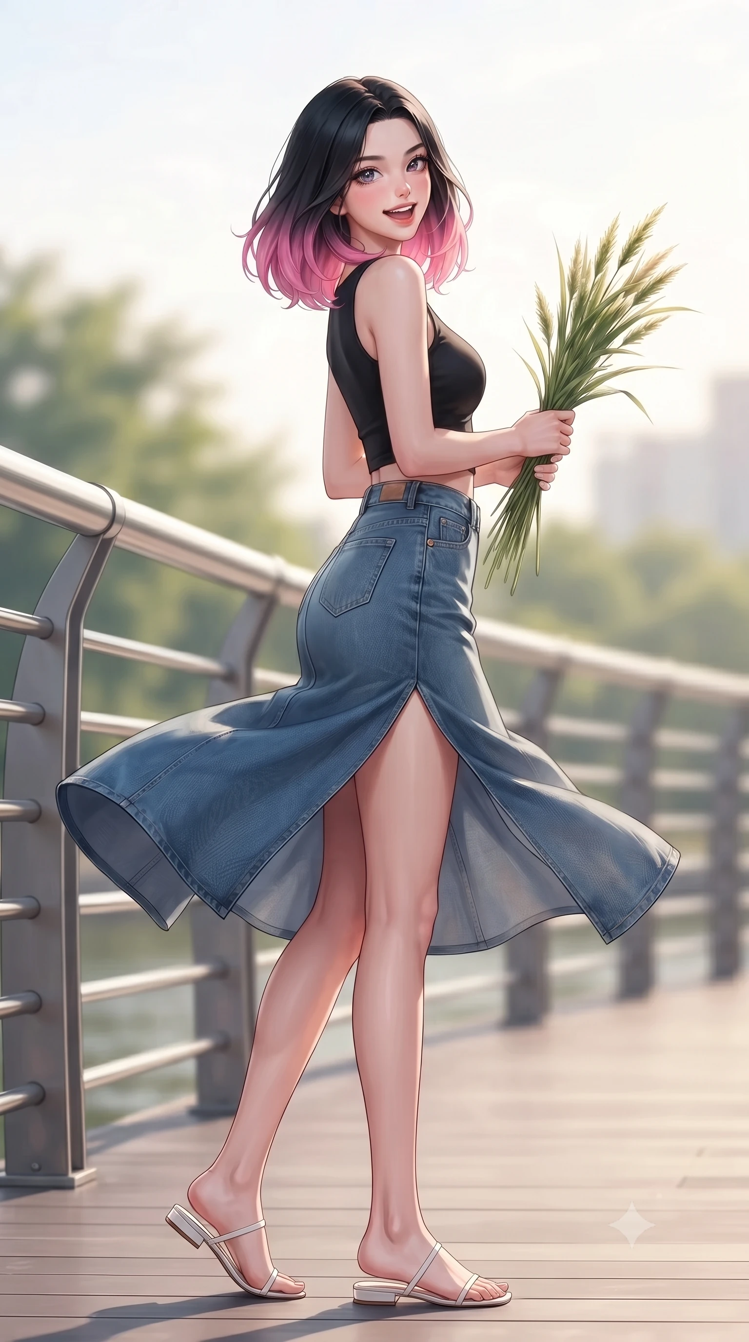 score_9, masterpiece, best quality, ultra-detailed, high-budget anime keyframe, editorial fashion photography, tasteful artistic composition, Korean woman. low angle full-body shot from head to toe showing her feet, filling the entire 9:16 vertical frame with her statuesque presence, stretching her vertical silhouette. twirling around with a playful, cute laugh, her skirt billowing beautifully in the air set against a soft-focus background of walking along a modern riverside boardwalk with metal railings holding a bunch of fresh river reeds with a happy, cute expression. She has an absolutely perfect, statuesque 8.5-heads proportion, an exceptionally tall and slender model-like female figure with impossibly long slender legs and an ultra-slim waist. sharp v-shaped jawline, high-bridge nose, intricate jewel-like eyes with depth, thick eyelashes, glossy lips with a natural sheen. wearing form-contouring stylish crop top paired with a high-slit denim midi skirt. soft afternoon sunbeams creating a peaceful, quiet country atmosphere. highly saturated vibrant anime colors, detailed shading with soft gradients, rich glossy textures, high-contrast stereoscopic depth, volumetric dynamic lighting, master piece, 9:16 ratio