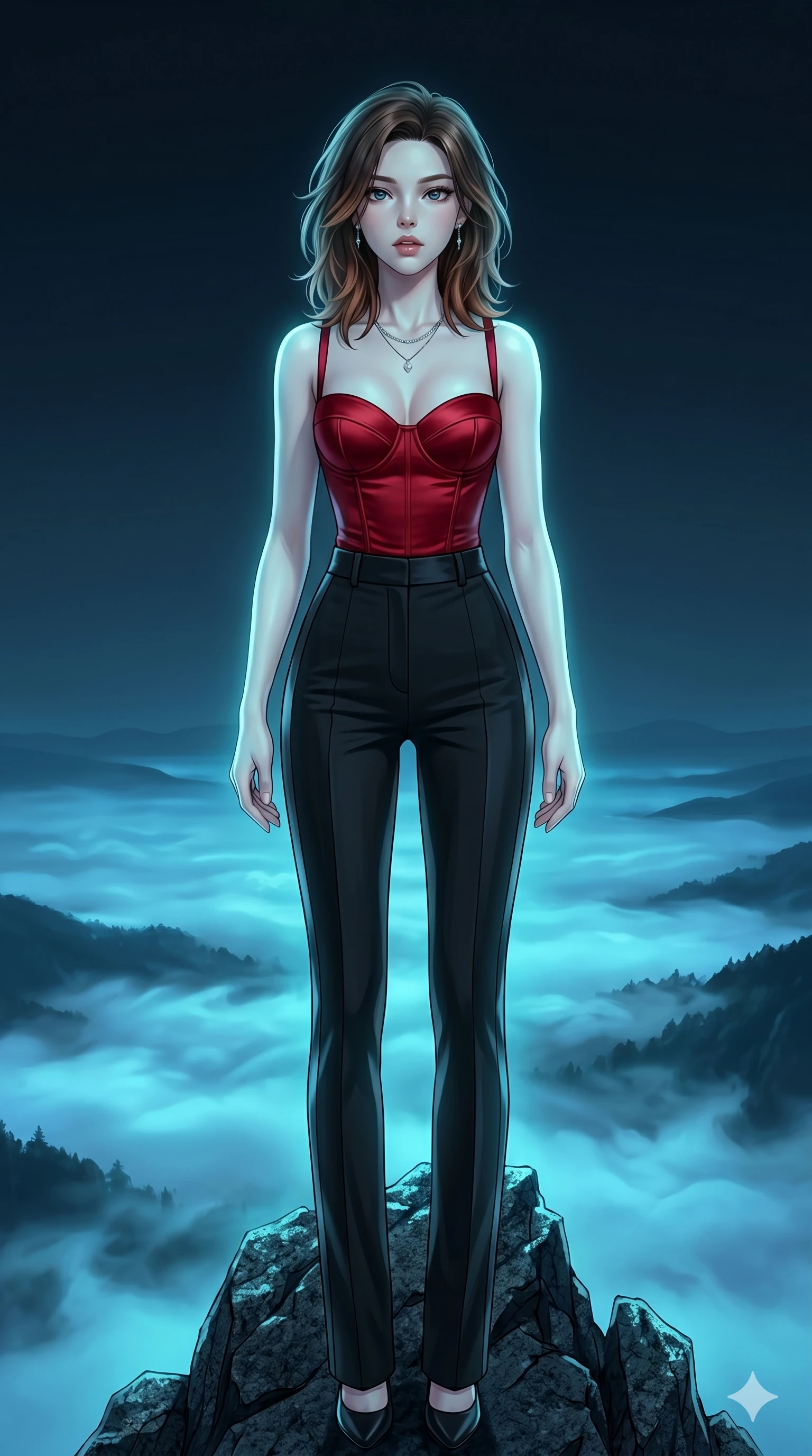 score_9, masterpiece, best quality, ultra-detailed, high-budget anime keyframe, editorial fashion photography, tasteful artistic composition, Korean woman. cowboy shot from the thighs up, character and outfit filling the frame for maximum editorial presence. Tilting her chin up slightly with lips parted in a composed expression atop a tower of dark granite overlooking a valley covered in glowing blue fog. She has an absolutely perfect 8-heads proportion, an exceptionally tall and slender female figure with impossibly long slender legs and an ultra-slim waist. V-shaped jawline, high-bridge nose, intricate jewel-like eyes with depth, thick eyelashes, glossy lips with a natural sheen. wearing a structured bustier in scarlet red satin, paired with high-waist black tailored trousers with a satin stripe down the leg. illuminated by soft aqua bioluminescent light that makes her skin luminously glow against the dark. 2k, ultra detail, master piece, 9:16 ratio