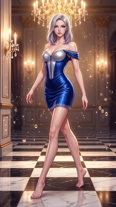 score_9, masterpiece, best quality, ultra-detailed, high-budget anime keyframe, semi-realistic 3D game render, editorial fashion photography, tasteful artistic composition, Caucasian woman. low angle full-body shot from head to toe showing her feet, 