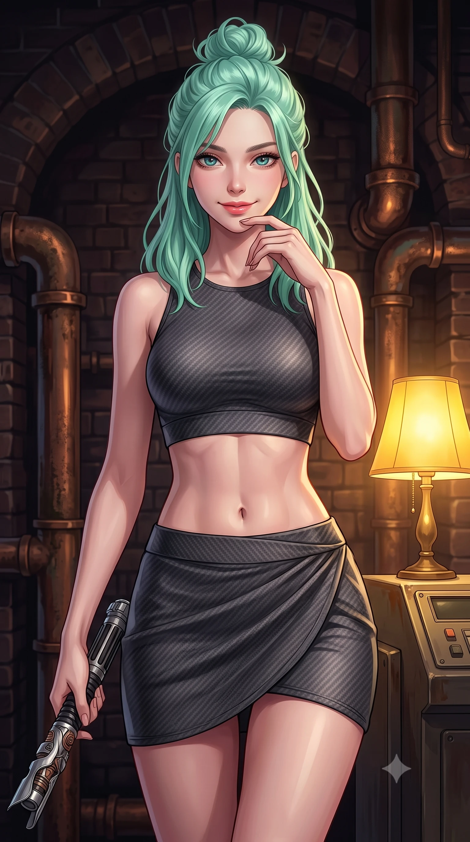score_9, masterpiece, best quality, ultra-detailed, high-budget anime keyframe, editorial fashion photography, tasteful artistic composition, Japanese woman. close-up cowboy shot from the waist and thighs up, the character dominates the composition, filling the frame with her large presence, background elements kept in soft focus. leaning slightly forward with a playful, teasing smile while holding a deactivated plasma saber hilt, the background shows a soft-focus a boiler room cockpit with dark brick arches and heavy copper piping. She has an exceptionally elegant, slender, and willowy female figure with an ultra-slim waist, a gracefully sculpted slender torso, and a refined silhouette. sharp v-shaped jawline, high-bridge nose, intricate jewel-like eyes with depth, thick eyelashes, glossy lips with a natural sheen. wearing a body-hugging summer-combat crop top and wrap skirt set in carbon-grey, showing her delicately sculpted midriff. warm yellow table lamp casting cozy shadows on her refined, slender silhouette. highly saturated vibrant anime colors, detailed shading with soft gradients, rich glossy textures, high-contrast stereoscopic depth, volumetric dynamic lighting, master piece, 9:16 ratio