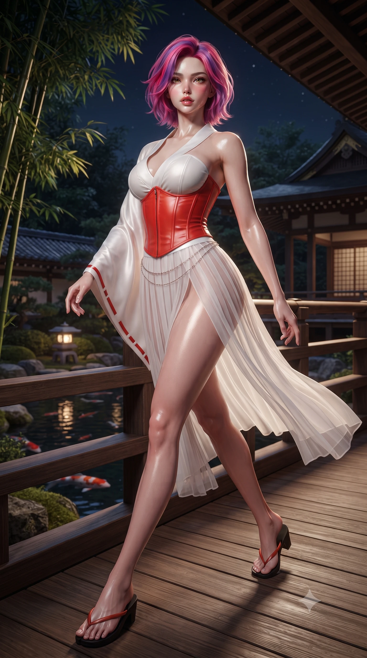 score_9, masterpiece, best quality, ultra-detailed, high-budget anime keyframe, editorial fashion photography, tasteful artistic composition, Caucasian woman. low angle full-body shot from head to toe showing her feet, filling the entire 9:16 vertical frame with her statuesque presence, stretching her vertical silhouette. striding forward in a proud supermodel runway stride, hips swaying in an alluring kinetic rhythm that accentuates her curvy hourglass silhouette while standing poised on the wooden bridge terrace, twisting her upper body in an alluring S-curve as night wind rustles through the bamboo canopy. The surrounding environment is rendered in vivid detail and crisp panoramic clarity. detailed silk kimono weave, stone lantern moss textures, and river water ripples in high resolution. She has an absolutely perfect, statuesque 8.5-heads proportion, an exceptionally tall and slender model-like female figure with impossibly long slender legs, a toned flat midriff, an ultra-slim waist, and beautifully sculpted feminine hips. sharp v-shaped jawline, high-bridge nose, intricate jewel-like eyes with depth, thick eyelashes, glossy parted lips with a natural sheen, intensely captivating and seductive bedroom-eyes expression, flawlessly proportioned anatomical accuracy, strict slender model proportions, natural body alignment, perfectly sculpted long slender limbs, ultra-slim waistline, clean dynamic posture without body distortion. wearing a sacred shrine maiden couture robe with sheer pleated chiffon skirt and structured scarlet corset top in pure snow white and vermilion red, tailored from smooth liquid silk satin adhering seamlessly to her wet skin, complemented by a delicate metallic hip chain catching the pool caustics, the liquid-tight tailored fabric clinging flawlessly to her narrow waist and rounded feminine hips, emphasizing every millimeter of her sculpted hourglass curves during movement. illuminated by wet specular highlights accentuating her slender neckline, sculpted waist, and rounded hips. ultra-reflective glossy finish, specular highlights, rich textural contrasts, high-contrast stereoscopic depth, volumetric dynamic lighting, 2k, ultra detail, master piece, 9:16 ratio