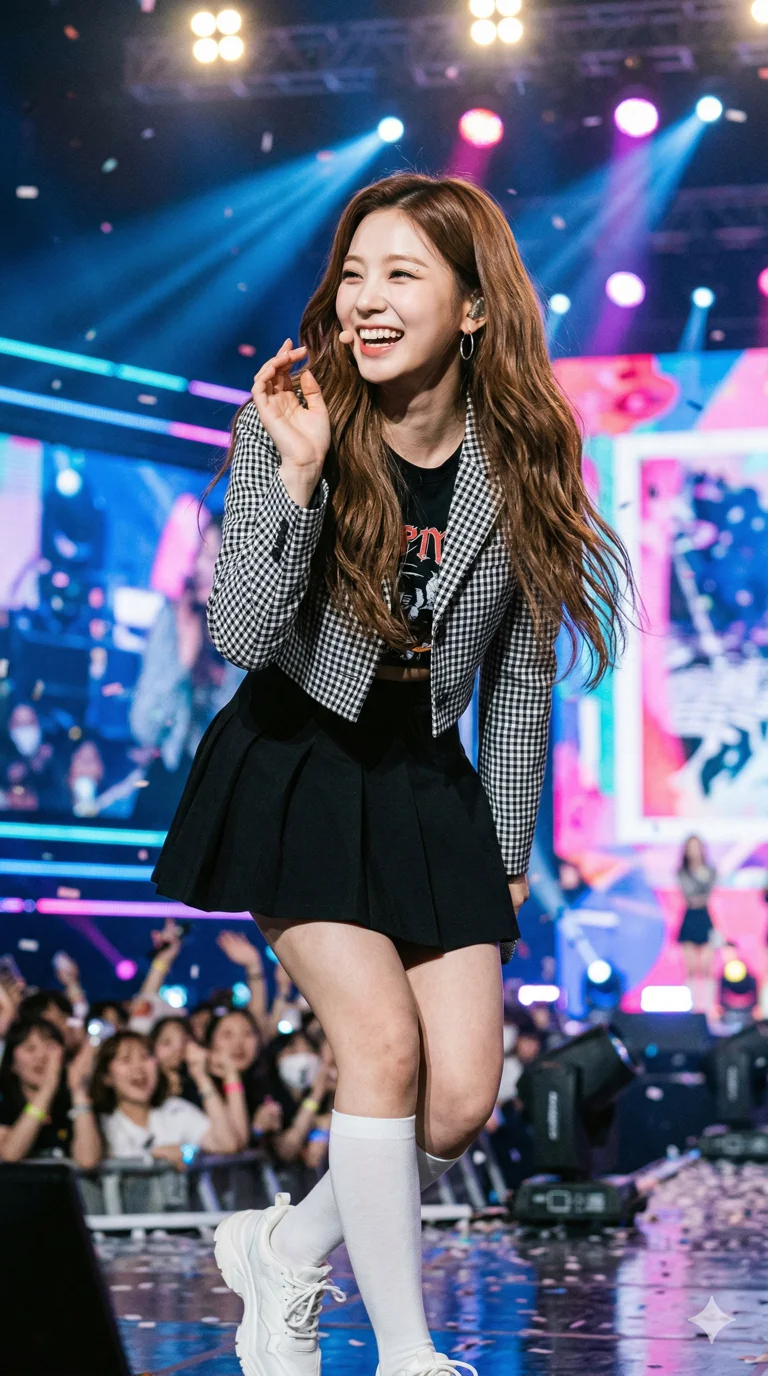 A female idol with long hair having fun and being happy. 4k, ultra detail, master piece, 9:16 ratio 4k, ultra detail, master piece, 9:16 ratio