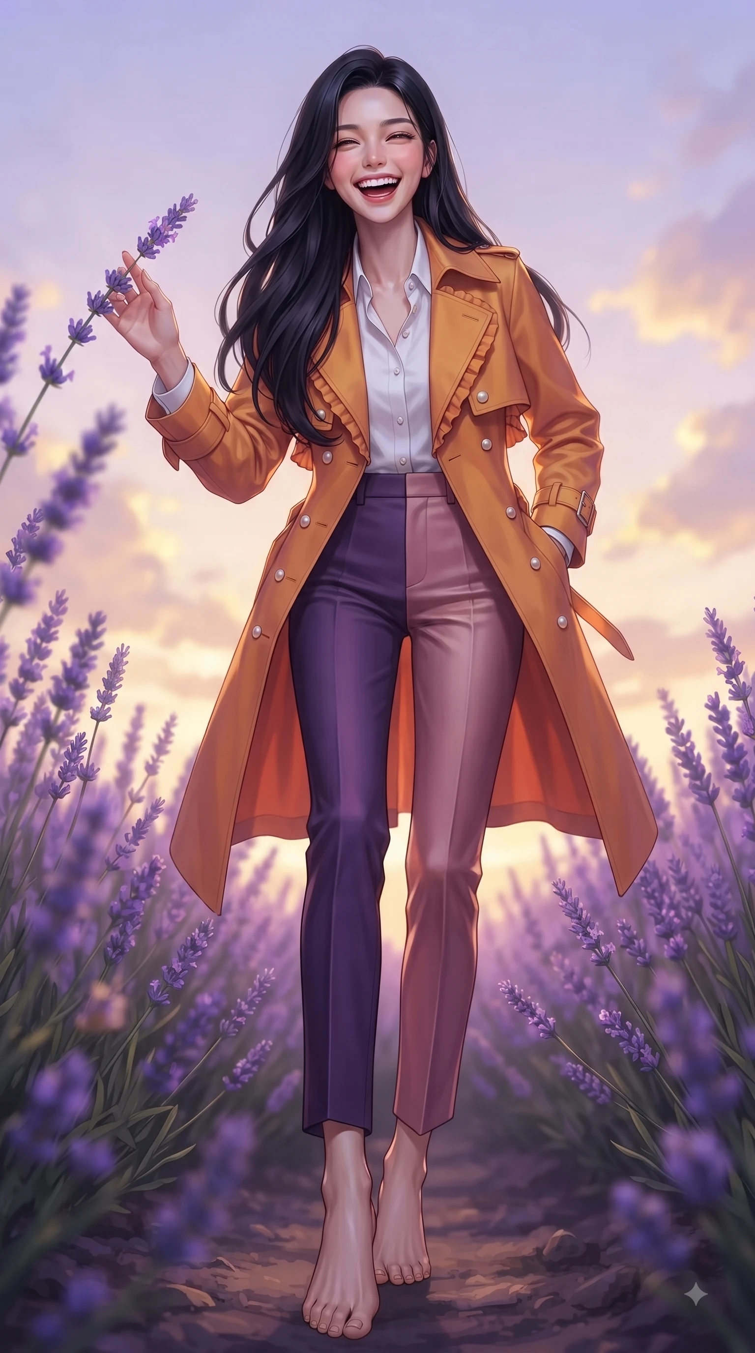 score_9, masterpiece, best quality, ultra-detailed, high-budget anime keyframe, editorial fashion photography, tasteful artistic composition, Korean woman. low angle full-body shot from head to toe showing her feet, filling the entire 9:16 vertical frame with her statuesque presence, stretching her vertical silhouette. Ecstatic joyful laughter with eyes crinkling in pure delight and vibrant energy filling her dynamic posture while reaching out softly to touch flowering lavender stalks while looking into the camera lens. The composition keeps background elements in soft focus with dreamy bokeh. endless violet lavender rows and golden sunset clouds blurred into dreamy pastel bokeh. She has an absolutely perfect, statuesque 8.5-heads proportion, an exceptionally tall and slender model-like female figure with impossibly long slender legs and an ultra-slim waist. sharp v-shaped jawline, high-bridge nose, intricate jewel-like eyes with depth, thick eyelashes, glossy lips with a natural sheen, flawlessly proportioned anatomical accuracy, natural body alignment, perfectly sculpted elegant limbs, clean dynamic posture without body distortion. wearing a stylish sunset amber trench coat over a crisp white shirt and tailored trousers in deep amethyst purple and rose gold, tailored from crisp high-density cotton poplin, accented with delicate pearl buttons and refined ruffle trims, the chic fashion cut framing her graceful clavicle and slender torso. bathed in ethereal twilight glow and warm golden sunset horizon light. ultra-reflective glossy finish, specular highlights, metallic sheen, high-contrast stereoscopic depth, volumetric dynamic lighting, 2k, ultra detail, master piece, 9:16 ratio