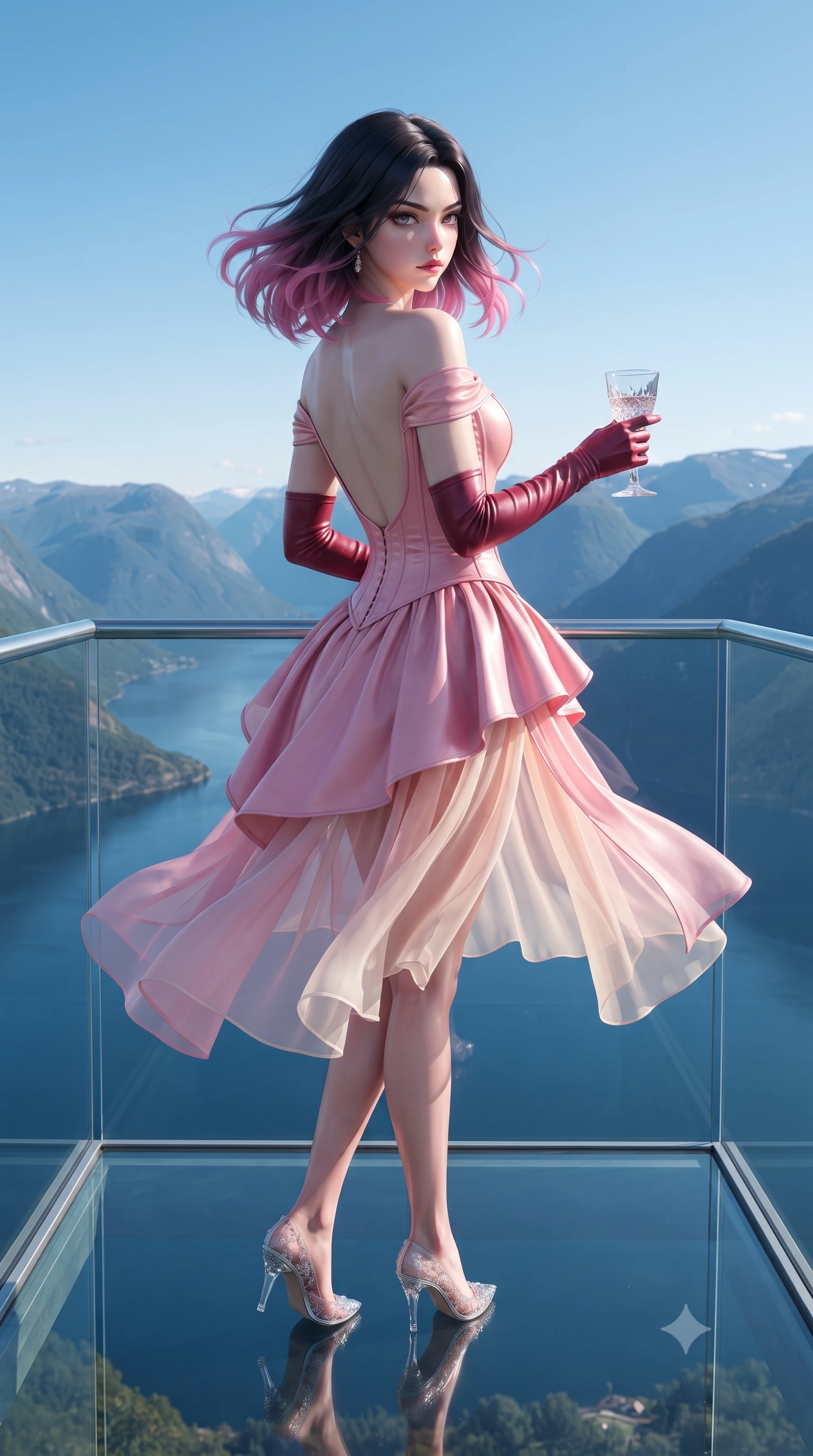 score_9, masterpiece, best quality, ultra-detailed, high-budget anime keyframe, semi-realistic 3D game render, editorial fashion photography, tasteful artistic composition, Korean woman. low angle full-body shot from head to toe showing her feet, filling the entire 9:16 vertical frame with her statuesque presence, stretching her vertical silhouette. executing an elegant mid-motion pivot turn as garments swirl around her slender limbs, glancing over her shoulder with an intoxicating bedroom-gaze while standing poised on the cantilevered glass viewing platform suspended 1,000 meters above the deep blue fjord, arching her back with fearless supermodel grace. The surrounding environment is rendered in vivid detail and crisp panoramic clarity. detailed tailored outerwear drape, wind-tousled hair strands, and Norwegian mountain horizon in high clarity. She has an exceptionally tall and slender model-like 8.5-heads proportion, an ultra-slim waist, a flat toned midriff, narrow delicate ribcage, and beautifully sculpted feminine hips creating a graceful, slim hourglass silhouette without any bulky heaviness, with impossibly long slender legs. sharp v-shaped jawline, high-bridge nose, intricate jewel-like eyes with depth, thick eyelashes, glossy parted lips with a natural sheen, intensely captivating and seductive bedroom-eyes expression, flawlessly proportioned anatomical accuracy, strict slender model proportions, natural body alignment, perfectly sculpted long slender limbs, ultra-slim waistline, clean dynamic posture without body distortion. wearing an off-shoulder French court corset bodice dress paired with a tiered translucent chiffon slit skirt in sakura blossom pink and warm ivory, formed from supple second-skin lambskin leather with specular sheen, accessorized with opera-length satin gloves and a vintage crystal glass, the dramatically scooped open back descending to the base of her spine, accentuating her razor-sharp statuesque lines and slim hourglass silhouette. illuminated by crisp northern fjord ambient light contouring her razor-sharp jawline, narrow waist, and curvy hips. highly saturated vibrant anime colors, detailed shading with soft gradients, rich glossy textures, high-contrast stereoscopic depth, volumetric dynamic lighting, master piece, 9:16 ratio