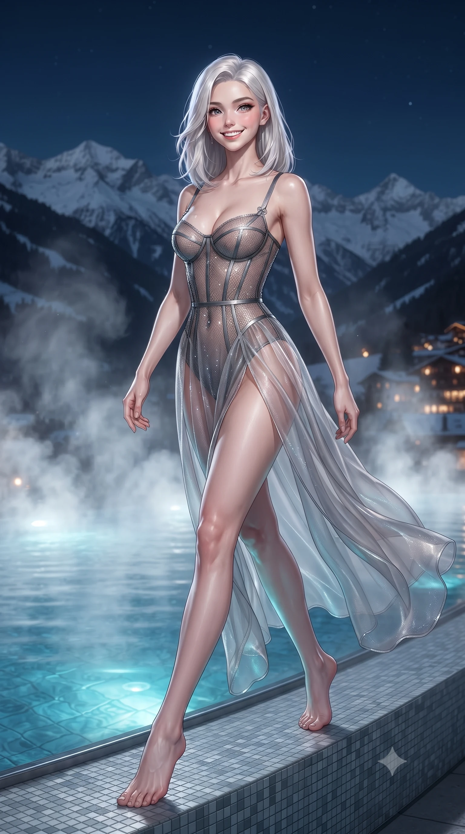 score_9, masterpiece, best quality, ultra-detailed, high-budget anime keyframe, editorial fashion photography, tasteful artistic composition, Korean woman. low angle full-body shot from head to toe showing her feet, filling the entire 9:16 vertical frame with her statuesque presence, stretching her vertical silhouette. stepping forward in a confident stride, her long slender legs and curvaceous hips creating a dynamic, sweeping vertical line while lounging in the steaming water propped on the pool rim with legs extended, displaying her long slender limbs and statuesque hourglass silhouette against the Alps. The background shows a soft-focus billowing thermal steam ripples softened in billionaire alpine chalet shallow focus. She has an exceptionally tall and slender model-like 8.5-heads proportion, an ultra-slim waist, a flat toned midriff, narrow delicate ribcage, and beautifully sculpted feminine hips creating a graceful, slim hourglass silhouette without any bulky heaviness, with impossibly long slender legs. sharp v-shaped jawline, high-bridge nose, intricate jewel-like sparkling eyes with depth, thick eyelashes, glossy parted lips with a natural peach sheen, bright cheerful beaming smile with an enchanting and coquettish sensual glint, exuding both youthful cute charm and seductive allure, flawlessly proportioned anatomical accuracy, strict slender model proportions, natural body alignment, perfectly sculpted long slender limbs, ultra-slim waistline, clean dynamic posture without body distortion. wearing an alluring sheer mesh corset gown with exposed boning and an ultra-daring hip-high leg slit in Hollywood starlight platinum and smoky charcoal, crafted from translucent silk organza with an ethereal crystalline sheen, finished with satin ribbon ties at the shoulders fluttering in the gentle breeze, the form-contouring silhouette accentuating her sculpted flat midriff, narrow delicate ribcage, and gracefully curvy hips with intoxicating allure. bathed in underwater cyan pool LEDs contrasted with cool silver alpine moonlight and warm resort village lights. ultra-reflective glossy finish, specular highlights, rich textural contrasts, high-contrast stereoscopic depth, volumetric dynamic lighting, 2k, ultra detail, master piece, 9:16 ratio