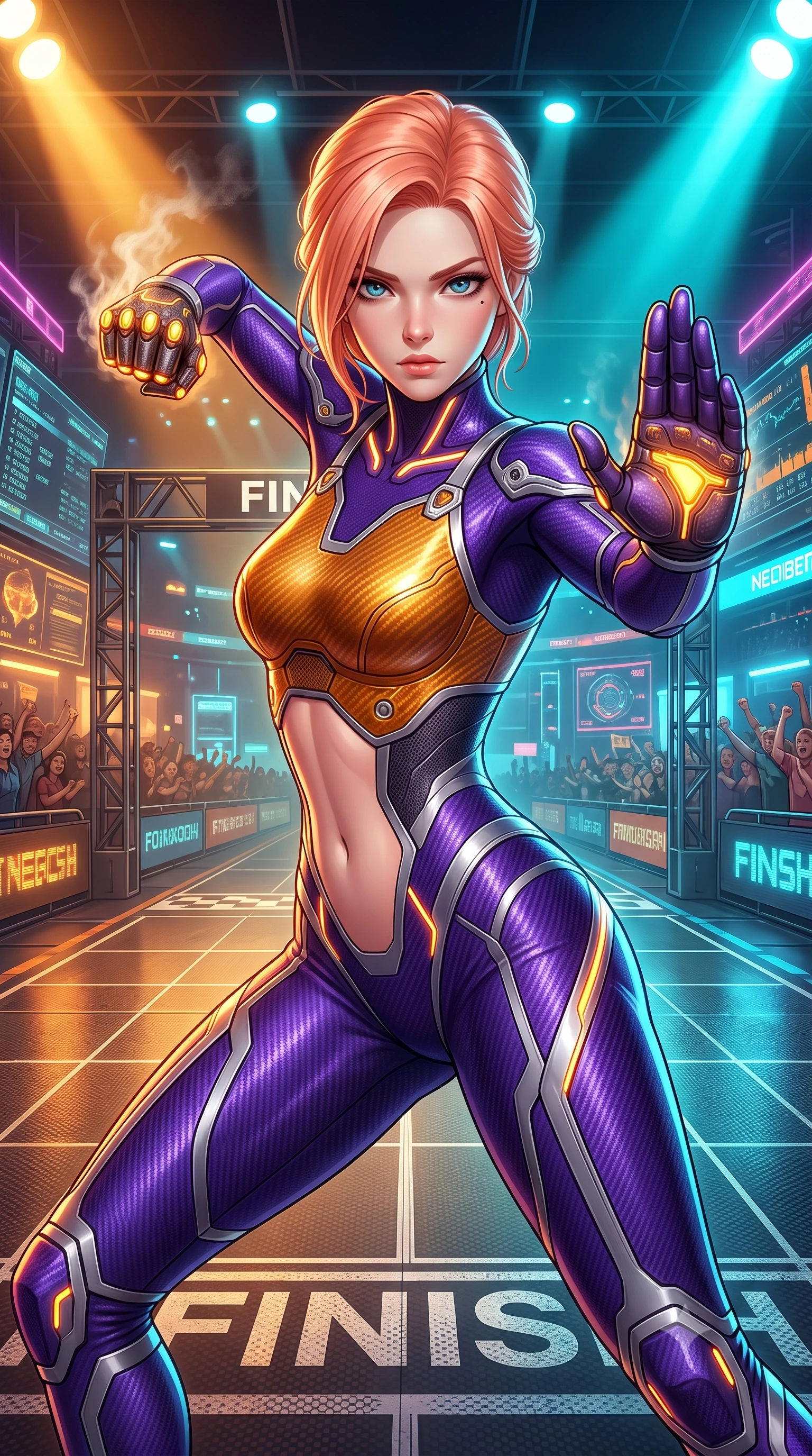score_9, masterpiece, best quality, ultra-detailed, high-budget anime keyframe, semi-realistic 3D game render, editorial fashion photography, tasteful artistic composition, Japanese woman. close-up cowboy shot from the waist and thighs up, the character dominates the composition, filling the frame with her large presence. in a razor-sharp Panzer Kunst fighting guard, one hand extended with palm open in fluid kinetic tension, captivating jewel-like eyes locked onto the viewer with dangerous focus while arching her spine in a fluid combat stance on the finish line with steam hissing from her carbon knuckle vents. The surrounding environment is rendered in vivid detail and crisp panoramic clarity. high-contrast cyberpunk sports chiaroscuro and raw kinetic energy captured with environmental precision. She has an exceptionally elegant, slender, and willowy female figure with an ultra-slim waist, a gracefully sculpted slender torso, toned flat midriff, and a refined slim silhouette. sharp v-shaped jawline, high-bridge nose, intricate jewel-like eyes with depth, thick eyelashes, glossy lips with a natural sheen, flawlessly proportioned anatomical accuracy, strict slender model proportions, natural body alignment, perfectly sculpted long slender limbs, ultra-slim waistline, clean dynamic posture without body distortion. wearing a precision-fitted royal purple carbon-fiber martial arts suit with silver accents and glowing micro-circuit knuckle plating in molten amber-gold carbon cuirass with dark titanium weave, made of liquid carbon-jersey fabric adhering flawlessly to her sculpted silhouette, accented with glowing fiber-optic conduits tracing her collarbones and hip curves, the liquid-tight tailored fabric emphasizing every curve of her tall, slender model proportions and sculptured silhouette during dynamic movement. bathed in vivid high-contrast amber and cyan arena floodlights with electric friction spark glints. rich saturated anime colors with glowing neon highlights, detailed shading with soft gradients, rich glossy textures, high-contrast stereoscopic depth, volumetric dynamic lighting, master piece, 9:16 ratio