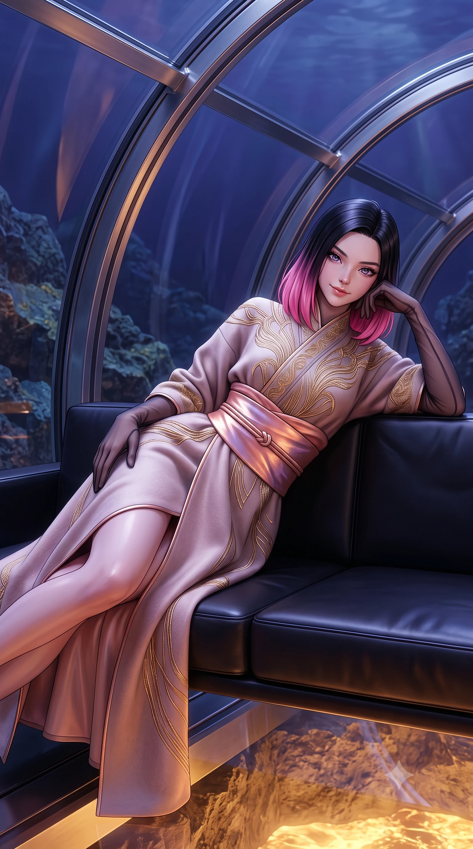 score_9, masterpiece, best quality, ultra-detailed, high-budget anime keyframe, editorial fashion photography, tasteful artistic composition, Korean woman. close-up cowboy shot from the waist and thighs up, the character dominates the composition, filling the frame with her large presence. tilting her head with a teasing half-smile, running one hand slowly down the side of her hip in a flirtatious S-curve as ambient light caresses her silhouette while lounging gracefully across the minimalist black leather settee propped on one elbow with legs extended, displaying her long slender limbs and statuesque hourglass silhouette. The surrounding environment is rendered in vivid detail and crisp panoramic clarity: sharp reinforced titanium arch ribs, crystal-clear thick acrylic dome segments, and mineral crusts on ocean volcanic rock in deep focus. She has an exceptionally elegant, slender, and willowy female figure with an ultra-slim waist, flat toned midriff, narrow ribcage, and sculpted feminine hips creating an alluring, slim hourglass silhouette without bulk. sharp v-shaped jawline, high-bridge nose, intricate jewel-like sparkling eyes with depth, thick eyelashes, glossy parted lips with a natural peach sheen, bright cheerful beaming smile with an enchanting and coquettish sensual glint, exuding both youthful cute charm and seductive allure, flawlessly proportioned anatomical accuracy, strict slender model proportions, natural body alignment, perfectly sculpted long slender limbs, ultra-slim waistline, clean dynamic posture without body distortion. wearing an elegant high-neck cyber-kimono coat with integrated gold fiber-optic embroidery and wide obi belt in Solaris liquid rose-quartz and alien peach, crafted from bespoke double-faced cashmere with an exceptionally soft tactile finish, complemented by sheer opera-length evening gloves tracing her slender arms, the bespoke structured tailoring following the natural line of her 8.5-heads silhouette with refined elegance. bathed in deep ocean blue-violet ambient light mixed with warm 2200K golden geothermal vent radiance. ultra-reflective glossy finish, specular highlights, rich textural contrasts, high-contrast stereoscopic depth, volumetric dynamic lighting, 2k, ultra detail, master piece, 9:16 ratio