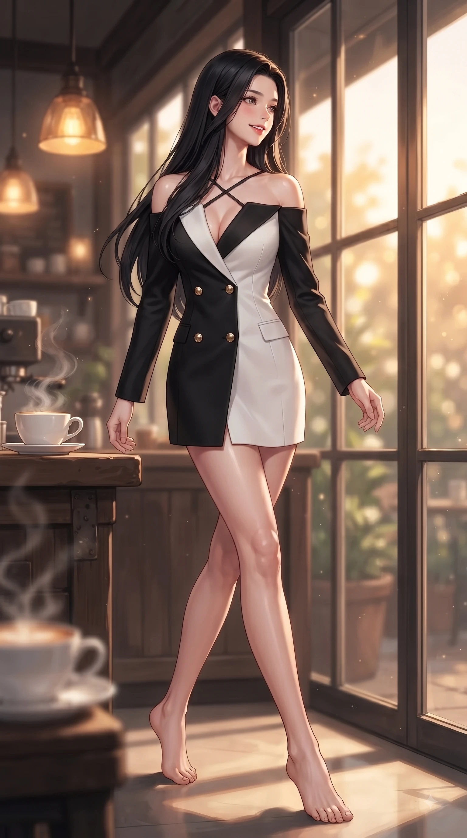 score_9, masterpiece, best quality, ultra-detailed, high-budget anime keyframe, editorial fashion photography, tasteful artistic composition, Korean woman. low angle full-body shot from head to toe showing her feet, filling the entire 9:16 vertical frame with her statuesque presence, stretching her vertical silhouette. stepping forward gracefully in mid-motion with a delighted cute expression, displaying her statuesque model proportions while looking out a large glass window with a tender cute smile as golden light streams in. The composition keeps background elements in soft focus with dreamy bokeh. steaming latte cups and rustic coffee bar counters blurred smoothly behind her. She has an absolutely perfect, statuesque 8.5-heads proportion, an exceptionally tall and slender model-like female figure with impossibly long slender legs and an ultra-slim waist. sharp v-shaped jawline, high-bridge nose, intricate jewel-like eyes with depth, thick eyelashes, glossy lips with a natural sheen, flawlessly proportioned anatomical accuracy, natural body alignment, perfectly sculpted elegant limbs, clean dynamic posture without body distortion. wearing a sleek double-breasted blazer dress with gold button accents in sleek jet black and pure white contrast, made of premium stretch jersey that follows her curves like a glove, finished with delicate criss-cross back straps highlighting her bare shoulders, the tailored fabric tightly following every curve of her athletic build. illuminated by soft glowing amber indoor lamps and natural garden reflections. ultra-reflective glossy finish, specular highlights, metallic sheen, high-contrast stereoscopic depth, volumetric dynamic lighting, 2k, ultra detail, master piece, 9:16 ratio