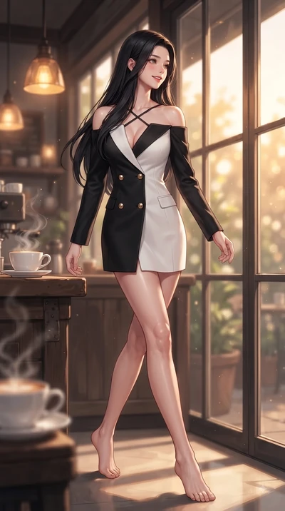 score_9, masterpiece, best quality, ultra-detailed, high-budget anime keyframe, editorial fashion photography, tasteful artistic composition, Korean woman. low angle full-body shot from head to toe showing her feet, filling the entire 9:16 vertical f