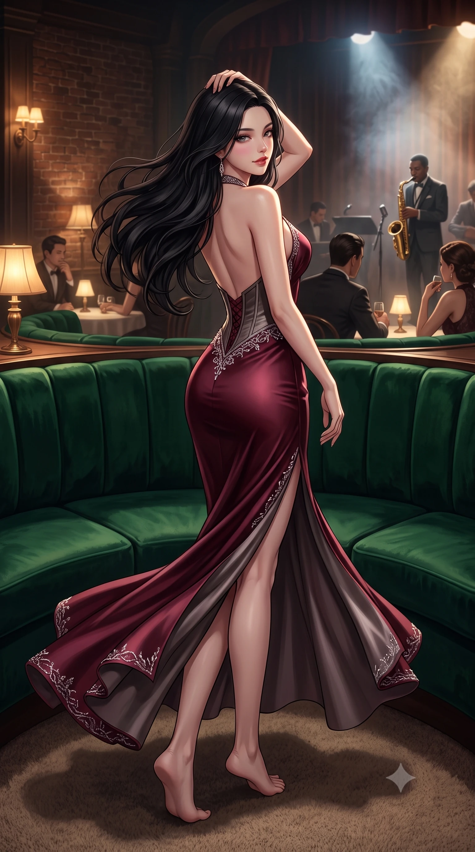 score_9, masterpiece, best quality, ultra-detailed, high-budget anime keyframe, semi-realistic 3D game render, editorial fashion photography, tasteful artistic composition, Korean woman. low angle full-body shot from head to toe showing her feet, filling the entire 9:16 vertical frame with her statuesque presence, stretching her vertical silhouette. executing an elegant mid-motion pivot turn as garments swirl around her slender limbs, glancing over her shoulder with an intoxicating bedroom-gaze while reclining languidly in an oversized emerald velvet circular booth, running fingers through her glossy hair as saxophone melodies drift. The surrounding environment is rendered in vivid detail and crisp panoramic clarity. intense atmospheric jazz-noir chiaroscuro and sophisticated speakeasy romance aesthetics in precision. She has an exceptionally tall and slender model-like 8.5-heads proportion, an ultra-slim waist, a flat toned midriff, narrow delicate ribcage, and beautifully sculpted feminine hips creating a graceful, slim hourglass silhouette without any bulky heaviness, with impossibly long slender legs. sharp v-shaped jawline, high-bridge nose, intricate jewel-like eyes with depth, thick eyelashes, glossy parted lips with a natural sheen, intensely captivating and seductive bedroom-eyes expression, flawlessly proportioned anatomical accuracy, strict slender model proportions, natural body alignment, perfectly sculpted long slender limbs, ultra-slim waistline, clean dynamic posture without body distortion. wearing an open-back duchess satin gala gown with a dramatic hip-hugging drape and cascading trailing hem in deep wine burgundy and brushed dark platinum, made of fluid silk crepe with delicate inner corsetry boning, finished with delicate crystal frost embroidery tracing the plunging neckline, the glove-like aerodynamic silhouette tightly following the natural contour of her hips and long slender legs with statuesque 8.5-heads elegance. surrounded by a sultry, scandalous, and irresistibly intoxicating jazz-age siren aura. highly saturated vibrant anime colors, detailed shading with soft gradients, rich glossy textures, high-contrast stereoscopic depth, volumetric dynamic lighting, master piece, 9:16 ratio