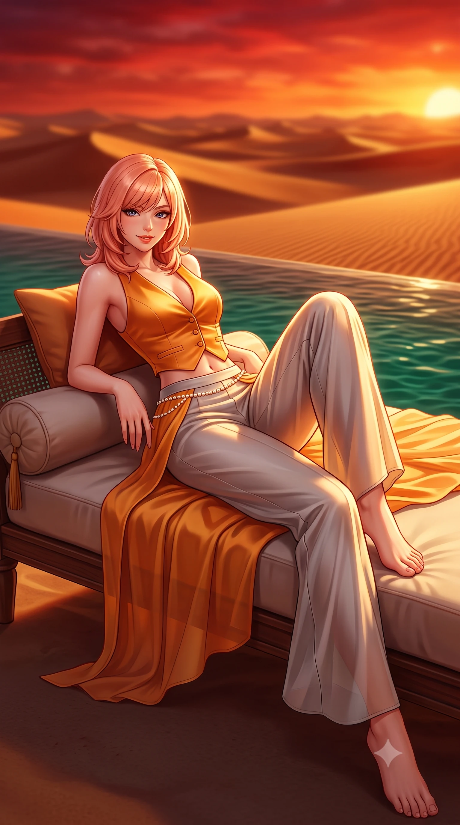 score_9, masterpiece, best quality, ultra-detailed, high-budget anime keyframe, semi-realistic 3D game render, editorial fashion photography, tasteful artistic composition, Japanese woman. low angle full-body shot from head to toe showing her feet, filling the entire 9:16 vertical frame with her statuesque presence, stretching her vertical silhouette. reclining languidly on her side across the outdoor daybed with one knee drawn up, her radiant smile and arched hip curve commanding the 9:16 vertical frame with youthful sensual charisma while standing on the edge of the desert infinity pool where emerald water meets endless golden sand dunes, arching her spine with sovereign majesty. The composition keeps background elements in soft focus with dreamy creamy bokeh. rippling golden sand dunes stretching to infinity beneath a fiery crimson sunset sky blurred into deep copper, carmine, and gold bokeh. She has an exceptionally tall and slender model-like 8.5-heads proportion, an ultra-slim waist, a flat toned midriff, narrow delicate ribcage, and beautifully sculpted feminine hips creating a graceful, slim hourglass silhouette without any bulky heaviness, with impossibly long slender legs. sharp v-shaped jawline, high-bridge nose, sparkling amber-hazel eyes with depth, long lush eyelashes, glossy sun-kissed lips with a warm coral glaze, radiant teasing smile with sensual sunlit bedroom-eyes, exuding effortless old-money elegance and intoxicating sun-drenched allure, flawlessly proportioned anatomical accuracy, strict slender model proportions, natural body alignment, perfectly sculpted long slender limbs, ultra-slim waistline, clean dynamic posture without body distortion. wearing a tailored satin resort vest worn closed against bare skin with high-waisted silk palazzo pants cinched at her narrow waist in rich saffron amber and soft dove grey, tailored from airy semi-sheer chiffon that flutters gently in the evening breeze, accented with a dainty pearl waist chain catching the ambient golden hour sunlight, the liquid-tight tailored fabric clinging flawlessly to her narrow waist and rounded feminine hips, emphasizing every millimeter of her sculpted slim hourglass curves without any bulky heaviness. bathed in the intense molten-crimson and gold of the desert horizon sunset. highly saturated vibrant anime colors, detailed shading with soft gradients, rich glossy textures, high-contrast stereoscopic depth, volumetric dynamic lighting, master piece, 9:16 ratio