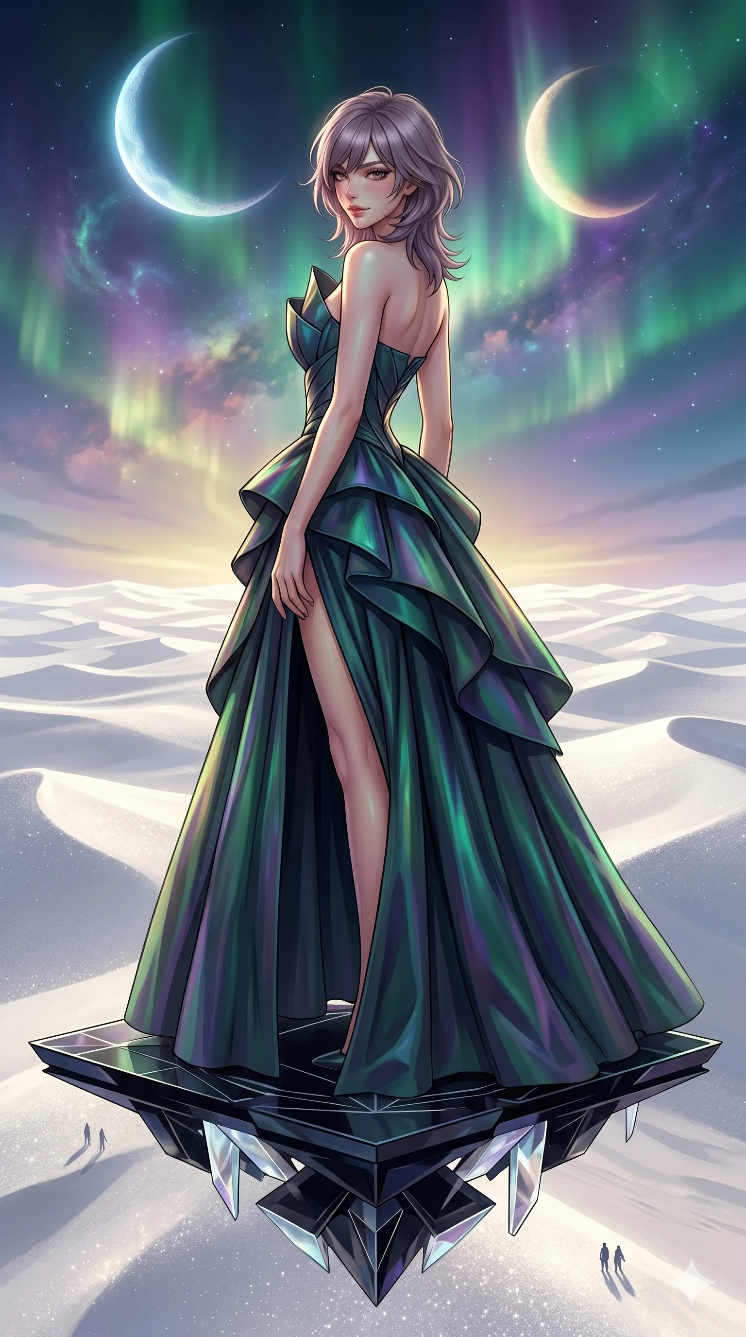 score_9, masterpiece, best quality, ultra-detailed, high-budget anime keyframe, editorial fashion photography, tasteful artistic composition, Japanese woman. cowboy shot from the thighs up, character and outfit filling the frame for maximum editorial presence. Glancing sidelong over her shoulder with a smoldering half-smile on a levitating platform above shimmering white sand dunes under twin crescent moons. She has an absolutely perfect 8-heads proportion, an exceptionally tall and slender female figure with impossibly long slender legs and an ultra-slim waist. V-shaped jawline, high-bridge nose, intricate jewel-like eyes with depth, thick eyelashes, glossy lips with a natural sheen. wearing an architectural waist-cinching sculptural gown in iridescent dark teal with an elaborate structured bodice, a dramatically nipped waist, and a full floor-length skirt with bold side slit. illuminated by a shifting aurora palette of green, violet, and gold from above, wrapping her in color. 2k, ultra detail, master piece, 9:16 ratio