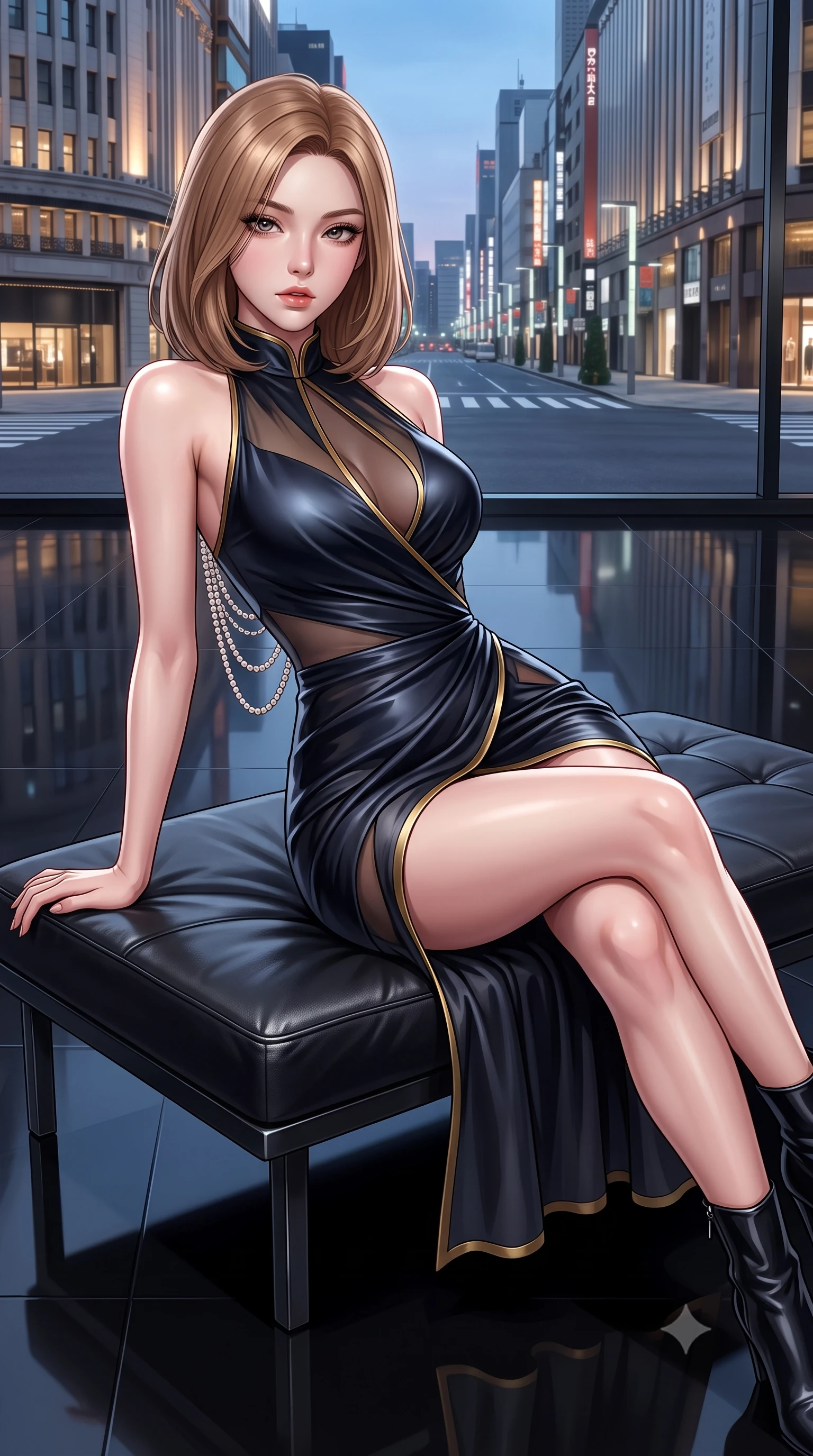 score_9, masterpiece, best quality, ultra-detailed, high-budget anime keyframe, semi-realistic 3D game render, editorial fashion photography, tasteful artistic composition, Korean woman. close-up cowboy shot from the waist and thighs up, the character dominates the composition, filling the frame with her large presence. leaning back with relaxed seductive grace, her sculpted collarbones and narrow waist highlighted as she casts smoldering bedroom-eyes directly into the camera while reclining on a low-slung minimalist leather bench on the polished black resin floor, her curvaceous hips and willowy limbs creating an avant-garde geometric silhouette. The surrounding environment is rendered in vivid detail and crisp panoramic clarity. detailed couture fabric textures, glossy skin highlights, and Tokyo Ginza streetscape clarity in high resolution. She has an exceptionally elegant, slender, and willowy female figure with an ultra-slim waist, flat toned midriff, narrow ribcage, and sculpted feminine hips creating an alluring, slim hourglass silhouette without bulk. sharp v-shaped jawline, high-bridge nose, intricate jewel-like eyes with depth, thick eyelashes, glossy parted lips with a natural sheen, intensely captivating and seductive bedroom-eyes expression, flawlessly proportioned anatomical accuracy, strict slender model proportions, natural body alignment, perfectly sculpted long slender limbs, ultra-slim waistline, clean dynamic posture without body distortion. wearing a wet-look silk fusion wrap dress with asymmetrical sheer mesh cutouts and high Mandarin collar in midnight obsidian black and liquid gold, tailored from water-resistant treated wool gabardine and flexible stretch silk, accented with a multi-strand pearl back necklace cascading down her bare spine to her hips, the liquid-tight tailored fabric clinging flawlessly to her narrow waist and rounded feminine hips, emphasizing every millimeter of her sculpted slim hourglass curves without any bulky heaviness. illuminated by crisp crystal facet specular glints sharply defining her sculpted collarbones, ultra-slim waist, and curvy hips. highly saturated vibrant anime colors, detailed shading with soft gradients, rich glossy textures, high-contrast stereoscopic depth, volumetric dynamic lighting, master piece, 9:16 ratio