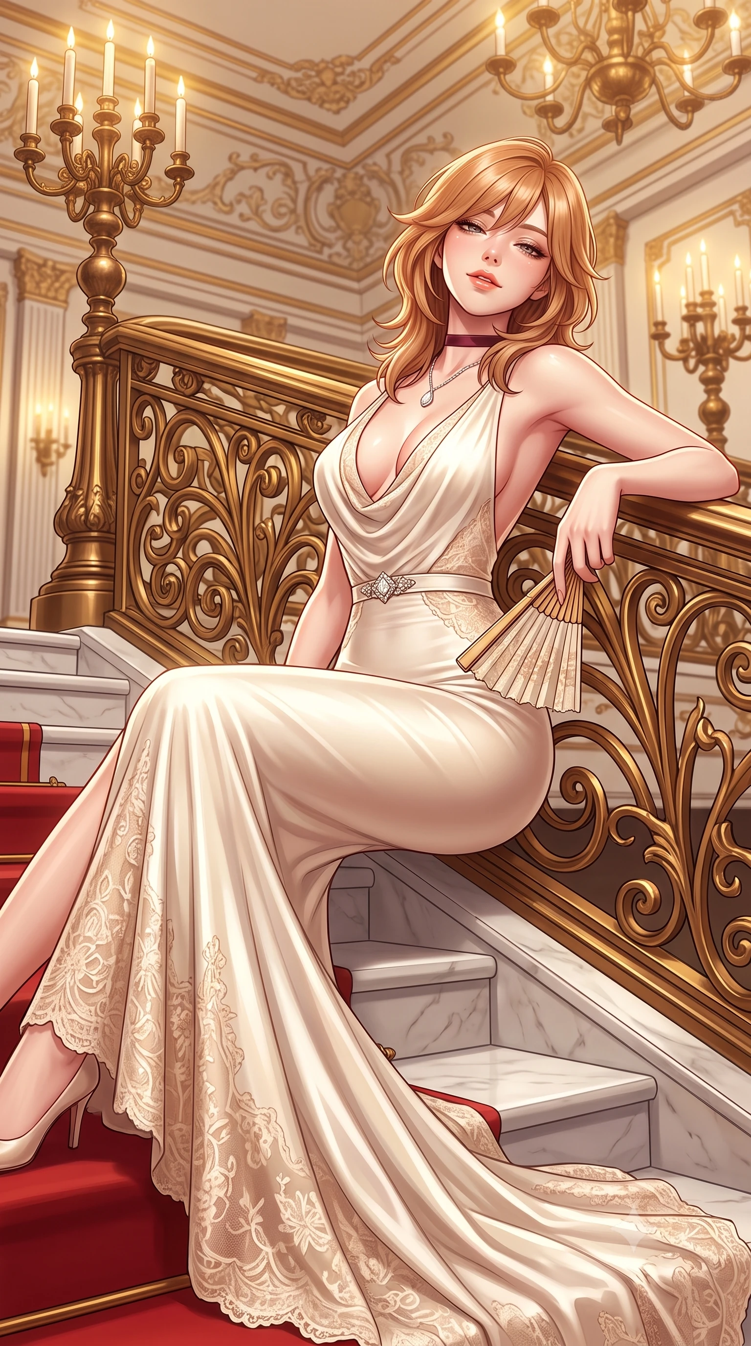 score_9, masterpiece, best quality, ultra-detailed, high-budget anime keyframe, semi-realistic 3D game render, editorial fashion photography, tasteful artistic composition, Korean woman. close-up cowboy shot from the waist and thighs up, the character dominates the composition, filling the frame with her large presence. leaning back against the balustrade with relaxed seductive grace, head tilted back slightly while casting a hypnotic, heavy-lidded gaze while sitting poised on the red-carpeted marble landing with legs extended, holding a silk fan with effortless aristocratic allure. The surrounding environment is rendered in vivid detail and crisp panoramic clarity: sharp white marble stair treads, intricate gilded bronze baluster scrollwork, and ceiling stucco details in deep focus. She has an exceptionally elegant, slender, and willowy female figure with an ultra-slim waist, flat toned midriff, narrow ribcage, and sculpted feminine hips creating an alluring, slim hourglass silhouette without bulk. sharp v-shaped jawline, high-bridge nose, sparkling eyes with hypnotic seductive depth, thick curled eyelashes, glossy parted lips with a natural dewy peach sheen, alluring bedroom-eyes with an enchanting coquettish smile, exuding magnetic siren charisma and sophisticated glamour, flawlessly proportioned anatomical accuracy, strict slender model proportions, natural body alignment, perfectly sculpted long slender limbs, ultra-slim waistline, clean dynamic posture without body distortion. wearing a plunging cowl-neck liquid silk evening gown with dramatic train and diamond-accented waist cinch in Austrian royal ivory and champagne lace, made of semi-opaque stretch illusion mesh with soft shadowy contours, finished with a thin velvet ribbon choker and a single teardrop diamond pendant, the liquid-tight tailored fabric clinging flawlessly to her narrow waist and rounded feminine hips, emphasizing every millimeter of her sculpted slim hourglass curves without any bulky heaviness. bathed in warm golden light from towering bronze candelabras and overhead palace chandeliers. highly saturated vibrant anime colors, detailed shading with soft gradients, rich glossy textures, high-contrast stereoscopic depth, volumetric dynamic lighting, master piece, 9:16 ratio