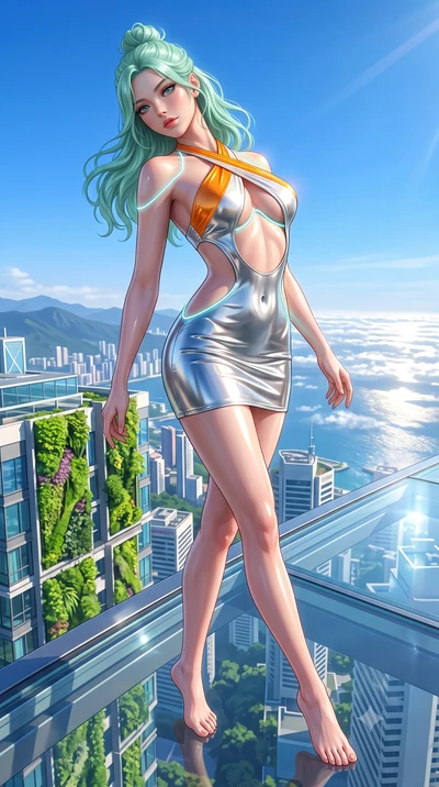 score_9, masterpiece, best quality, ultra-detailed, high-budget anime keyframe, semi-realistic 3D game render, editorial fashion photography, tasteful artistic composition, Japanese woman. low angle full-body shot from head to toe showing her feet, f