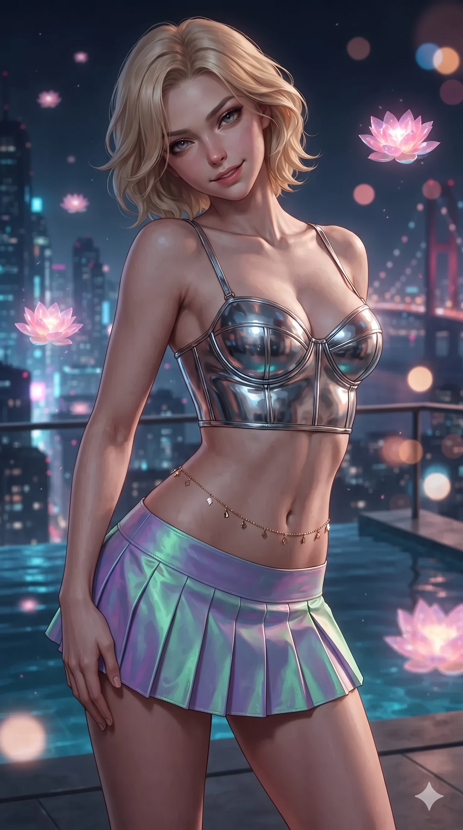 score_9, masterpiece, best quality, ultra-detailed, high-budget anime keyframe, editorial fashion photography, tasteful artistic composition, Caucasian woman. close-up cowboy shot from the waist and thighs up, the character dominates the composition, filling the frame with her large presence. tilting her head with a teasing half-smile, running one hand slowly down the side of her hip in a flirtatious S-curve as ambient light caresses her silhouette while twisting her slender torso in an alluring S-curve, glowing lotus petals and starlight painting sensual light ribbons across her flat midriff and hips. The background shows a soft-focus floating holographic pink lotuses, infinity pool edge dropping into the neon city abyss, and distant bridge lights blurred into rose, amber, and sapphire bokeh. She has an exceptionally elegant, slender, and willowy female figure with an ultra-slim waist, flat toned midriff, narrow ribcage, and sculpted feminine hips creating an alluring, slim hourglass silhouette without bulk. sharp v-shaped jawline, high-bridge nose, intricate jewel-like sparkling eyes with depth, thick eyelashes, glossy parted lips with a natural peach sheen, bright cheerful beaming smile with an enchanting and coquettish sensual glint, exuding both youthful cute charm and seductive allure, flawlessly proportioned anatomical accuracy, strict slender model proportions, natural body alignment, perfectly sculpted long slender limbs, ultra-slim waistline, clean dynamic posture without body distortion. wearing a chrome-plated structured underwire bustier top paired with an ultra-short low-rise pleated micro mini skirt in phosphorescent ultraviolet amethyst and mint green, tailored from high-density tech-wool with subtle metallic thread weave, accented with a dainty gold belly chain resting across her flat midriff and curving hips, the high-slit wrap tailoring accentuating her ultra-slim waistline and the enchanting curve of her feminine hips with alluring seductive charm. bathed in the soft pink and gold radiance of holographic lotuses combined with warm 2500K deck recessed cove lights. ultra-reflective glossy finish, specular highlights, rich textural contrasts, high-contrast stereoscopic depth, volumetric dynamic lighting, 2k, ultra detail, master piece, 9:16 ratio