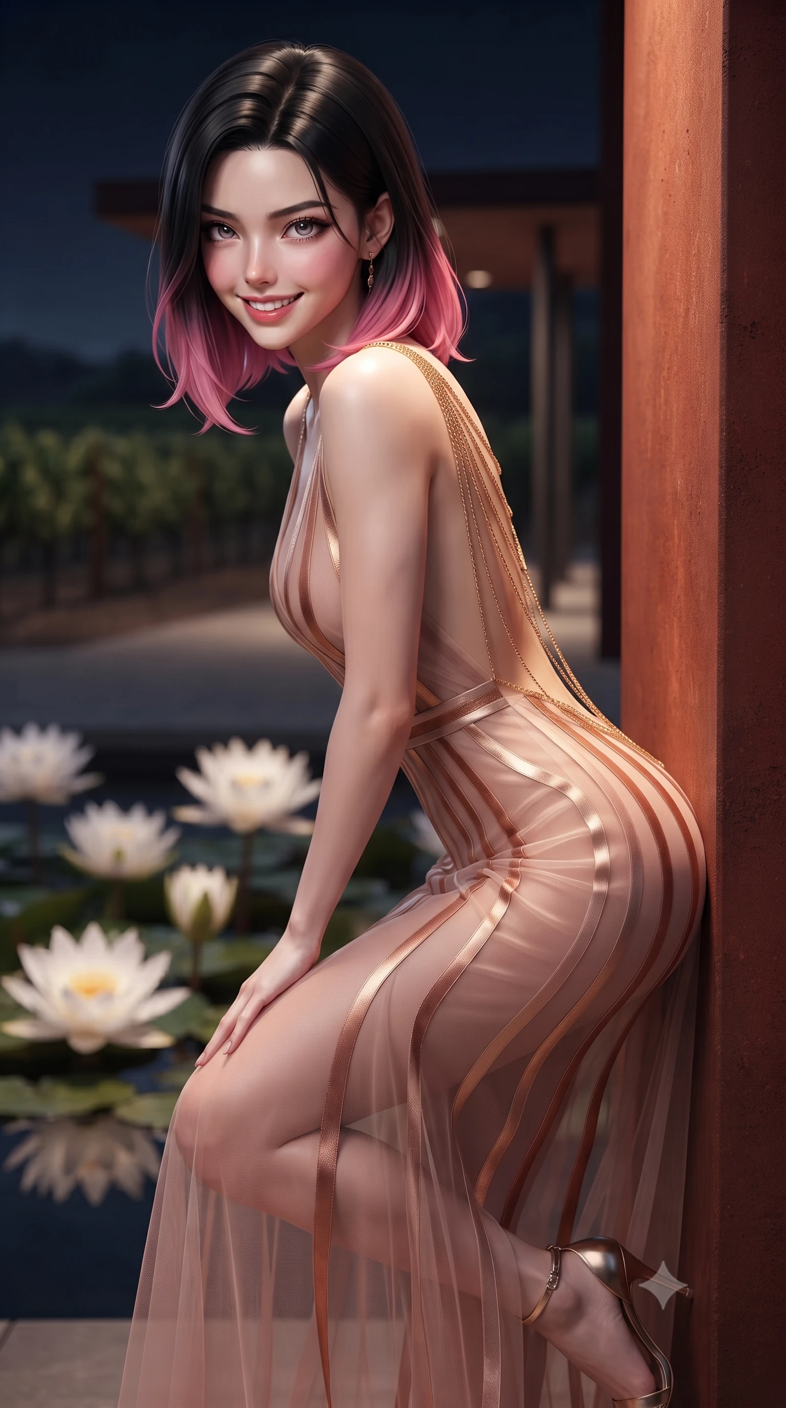 score_9, masterpiece, best quality, ultra-detailed, high-budget anime keyframe, editorial fashion photography, tasteful artistic composition, Korean woman. close-up cowboy shot from the waist and thighs up, the character dominates the composition, filling the frame with her large presence. leaning forward while arching her lower back to accentuate her curvy hips, looking into the camera with an intoxicating smoldering gaze and bedroom-eyes while leaning against the rust-red Corten steel pavilion column with hips cocked back, looking over endless rows of vineyards with heavy-lidded bedroom-eyes. The background shows a soft-focus night-blooming white water lilies softened in avant-garde wine estate shallow focus. She has an exceptionally elegant, slender, and willowy female figure with an ultra-slim waist, flat toned midriff, narrow ribcage, and sculpted feminine hips creating an alluring, slim hourglass silhouette without bulk. sharp v-shaped jawline, high-bridge nose, intricate jewel-like sparkling eyes with depth, thick eyelashes, glossy parted lips with a natural peach sheen, bright cheerful beaming smile with an enchanting and coquettish sensual glint, exuding both youthful cute charm and seductive allure, flawlessly proportioned anatomical accuracy, strict slender model proportions, natural body alignment, perfectly sculpted long slender limbs, ultra-slim waistline, clean dynamic posture without body distortion. wearing a plunge-front sheer illusion tulle slip dress with liquid gold ribbon stripes hugging her curves in rose-quartz blush and burnished copper, made of sheer gossamer chiffon that drapes softly against skin with airy translucence, accented with an open-back drape framed by falling strands of delicate gold chains, the bespoke structured tailoring following the natural line of her 8.5-heads silhouette with refined elegance. illuminated by still water specular reflection fill and sharp copper-platinum rim lights sculpting her jawline, narrow waist, and curvy hips. ultra-reflective glossy finish, specular highlights, rich textural contrasts, high-contrast stereoscopic depth, volumetric dynamic lighting, 2k, ultra detail, master piece, 9:16 ratio