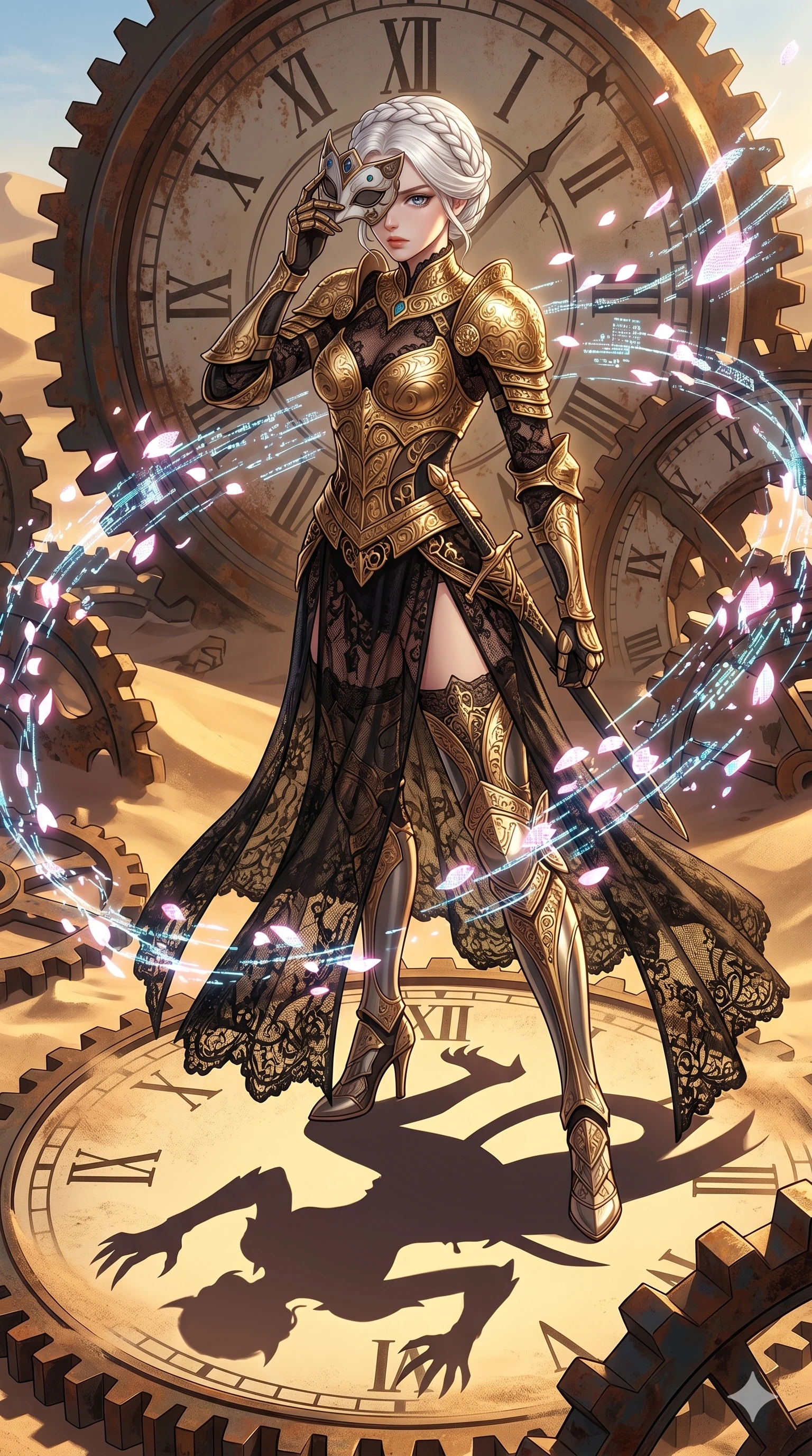 score_9, masterpiece, best quality, ultra-detailed, Set A: High-budget Anime Keyframe, Korean woman. Low angle cowboy shot filling the entire 9:16 frame with her statuesque presence. Adjusting a mask through a clockwork desert, while her shadow mimics the movements of a predator 45 and surrounded by digital sakura petals. She has an absolutely perfect 8-heads proportion, an exceptionally tall and slender female figure with impossibly long slender legs and an ultra-slim waist. Sharp v-shaped jawline, high-bridge nose, intricate jewel-like eyes with depth, thick eyelashes, glossy lips with a natural sheen. Wearing Ornate gold plate armor over a sheer black lace gown with a high-slit. Cinematic lighting, vibrant colors, dramatic shadows, 2k, ultra detail, master piece, 9:16 ratio