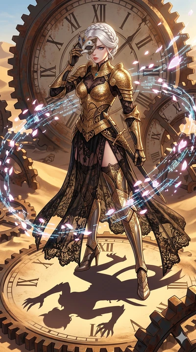 score_9, masterpiece, best quality, ultra-detailed, Set A: High-budget Anime Keyframe, Korean woman. Low angle cowboy shot filling the entire 9:16 frame with her statuesque presence. Adjusting a mask through a clockwork desert, while her shadow mimic