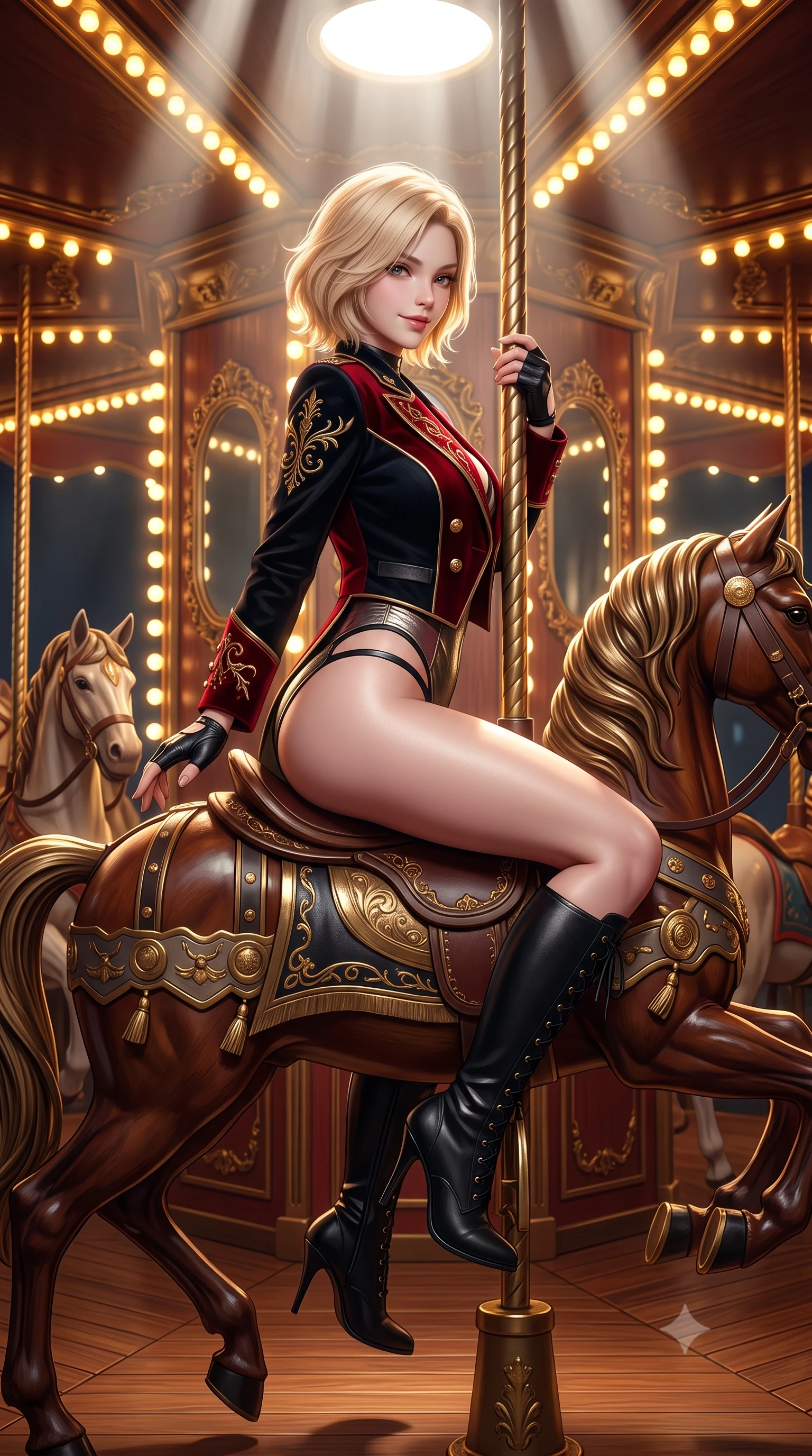 score_9, masterpiece, best quality, ultra-detailed, high-budget anime keyframe, semi-realistic 3D game render, editorial fashion photography, tasteful artistic composition, Caucasian woman. close-up cowboy shot from the waist and thighs up, the character dominates the composition, filling the frame with her large presence. turning over a bare shoulder with an intoxicating, teasing smile, her soft hair framing her sharp jawline as her hips angle gracefully while perching sideways on the saddle of an antique carousel horse, looking back over a bare shoulder with an intoxicating, teasing smile. The surrounding environment is rendered in vivid detail and crisp panoramic clarity. detailed theatrical costume embroidery, brass button sheen, and polished wood grain in high resolution. She has an exceptionally elegant, slender, and willowy female figure with an ultra-slim waist, a gracefully sculpted slender torso, toned flat midriff, and rounded feminine hips creating an alluring hourglass silhouette. sharp v-shaped jawline, high-bridge nose, intricate jewel-like eyes with depth, thick eyelashes, glossy parted lips with a natural sheen, intensely captivating and seductive bedroom-eyes expression, flawlessly proportioned anatomical accuracy, strict slender model proportions, natural body alignment, perfectly sculpted long slender limbs, ultra-slim waistline, clean dynamic posture without body distortion. wearing a strappy circus performer monokini layered under an open tailored double-breasted cropped blazer in midnight obsidian black and blood crimson velvet, crafted from luxurious metallic lamé that shifts radiance with every step, accessorized with knee-high stiletto lace-up boots and fingerless leather gloves, the liquid-tight tailored fabric clinging flawlessly to her narrow waist and rounded feminine hips, emphasizing every millimeter of her sculpted hourglass curves during movement. bathed in dramatic overhead circular spotlight beams and warm golden carousel perimeter glow. highly saturated vibrant anime colors, detailed shading with soft gradients, rich glossy textures, high-contrast stereoscopic depth, volumetric dynamic lighting, master piece, 9:16 ratio