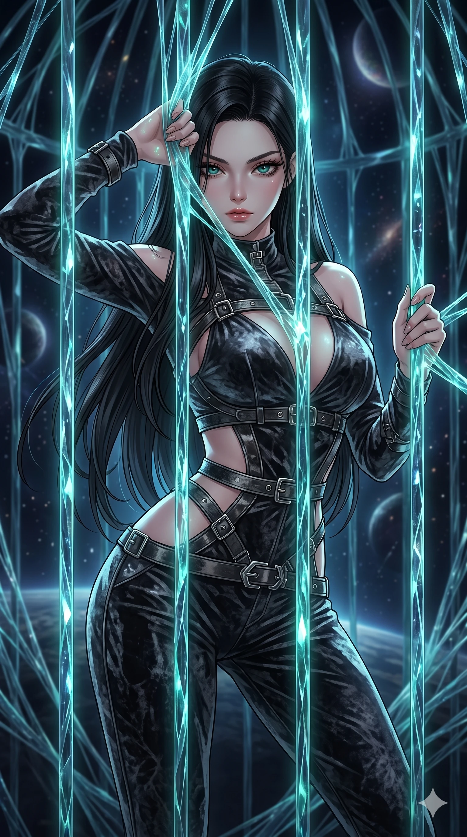 score_9, masterpiece, best quality, ultra-detailed, High-budget Anime Keyframe, East Asian woman. Dynamic full-body shot stretching the vertical silhouette to the limit. Scenario 92: Trapped in a cage of glowing crystalline fibers, body pressing against the bars. Her presence is magnetic and overpowering in this high-budget anime scene. Outfit 92: A crushed dark velvet second with a low-cut shoulder and metallic buckles. The clothing is designed to emphasize her exceptionally tall and slender 8-heads proportion. 8-heads proportion, towering silhouette, ultra-slim waist. sharp v-shaped jawline, intricate jewel-like eyes with depth, thick eyelashes, glossy lips. 2k, ultra detail, master piece, 9:16 ratio