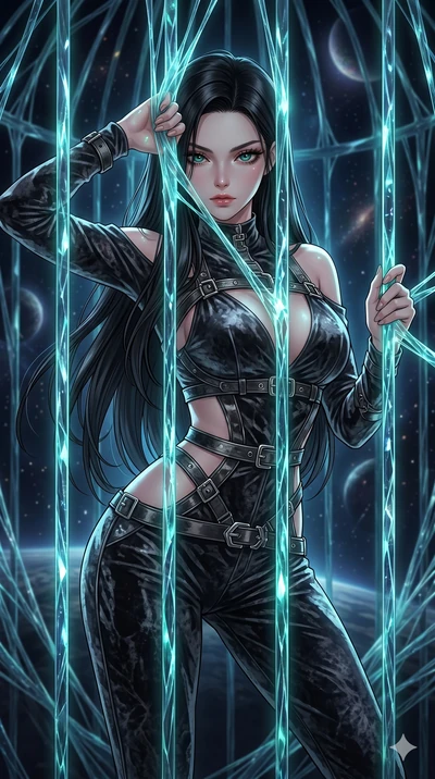 score_9, masterpiece, best quality, ultra-detailed, High-budget Anime Keyframe, East Asian woman. Dynamic full-body shot stretching the vertical silhouette to the limit. Scenario 92: Trapped in a cage of glowing crystalline fibers, body pressing agai