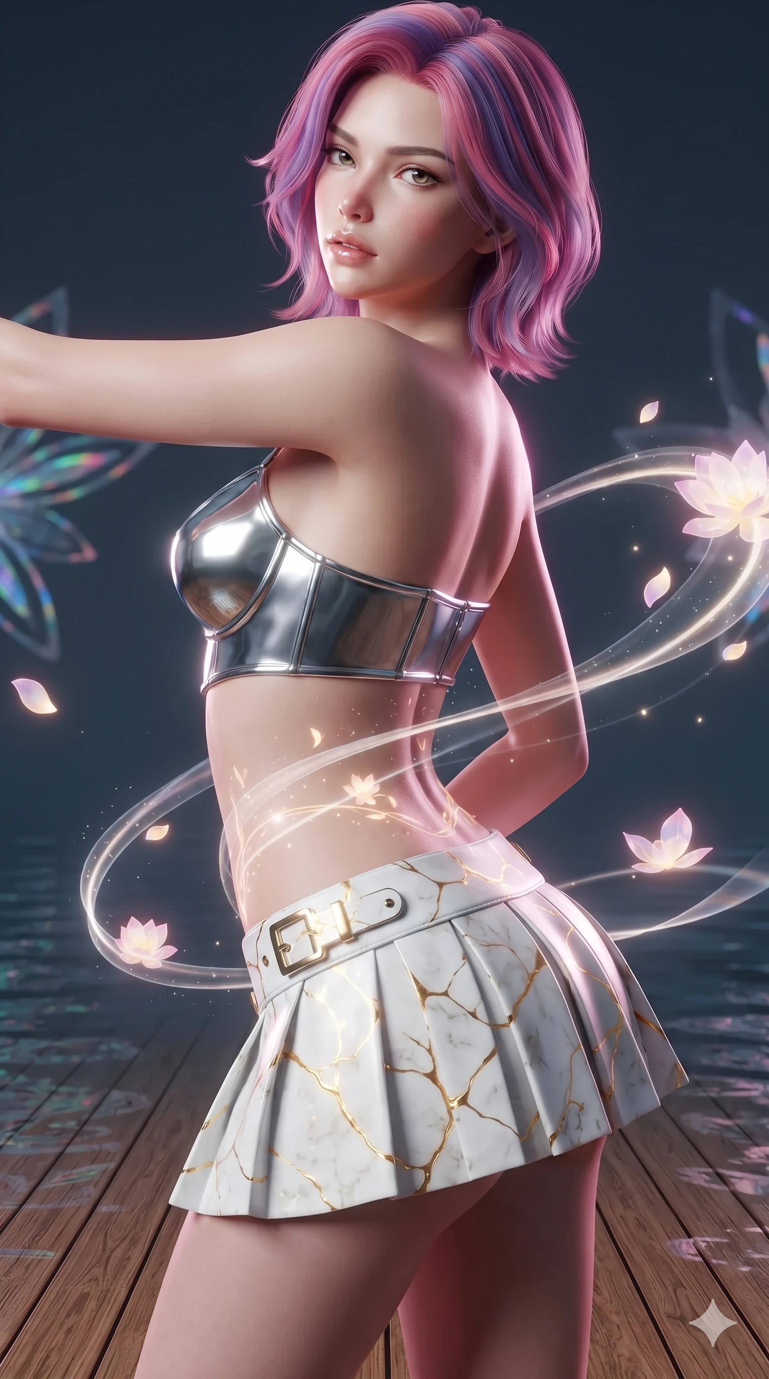 score_9, masterpiece, best quality, ultra-detailed, high-budget anime keyframe, editorial fashion photography, tasteful artistic composition, Caucasian woman. close-up cowboy shot from the waist and thighs up, the character dominates the composition, filling the frame with her large presence. posing in an alluring rear three-quarter angle, looking over a bare shoulder with parted glossy lips, her hips cocked back to highlight her slim hourglass curve while twisting her slender torso in an alluring S-curve, glowing lotus petals and starlight painting sensual light ribbons across her flat midriff and hips. The surrounding environment is rendered in vivid detail and crisp panoramic clarity: sharp natural teak plank grain, mirror-calm water surface tension, and crisp holographic petal lattices in deep focus. She has an exceptionally elegant, slender, and willowy female figure with an ultra-slim waist, flat toned midriff, narrow ribcage, and sculpted feminine hips creating an alluring, slim hourglass silhouette without bulk. sharp v-shaped jawline, high-bridge nose, intricate jewel-like sparkling eyes with depth, thick eyelashes, glossy parted lips with a natural peach sheen, bright cheerful beaming smile with an enchanting and coquettish sensual glint, exuding both youthful cute charm and seductive allure, flawlessly proportioned anatomical accuracy, strict slender model proportions, natural body alignment, perfectly sculpted long slender limbs, ultra-slim waistline, clean dynamic posture without body distortion. wearing a chrome-plated structured underwire bustier top paired with an ultra-short low-rise pleated micro mini skirt in Kintsugi celestial white porcelain and liquid gold, woven from buttery-soft stretch lambskin leather adhering to her body like a second skin, finished with sleek magnetic buckle closures fluttering in the breeze, the glove-like clinging cut tightly following the natural contour of her hips and long slender legs with youthful 8.5-heads elegance. illuminated by water reflection bounce and sharp lotus-pink rim lights defining her jawline, narrow waist, and curvy hips. ultra-reflective glossy finish, specular highlights, rich textural contrasts, high-contrast stereoscopic depth, volumetric dynamic lighting, 2k, ultra detail, master piece, 9:16 ratio