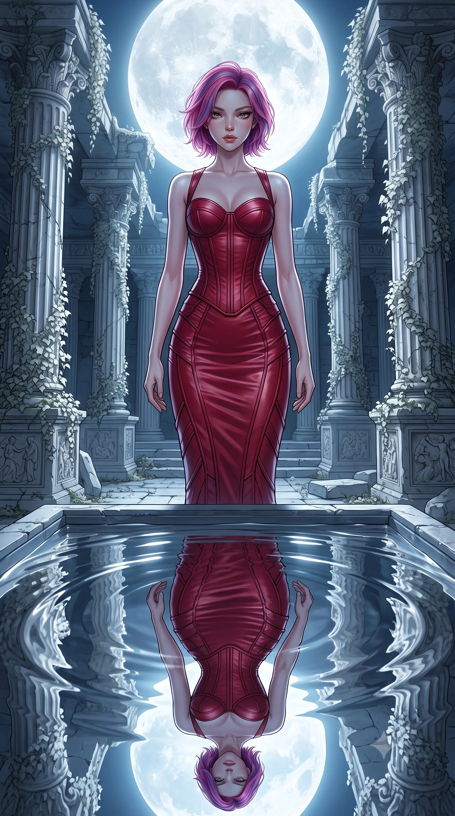 score_9, masterpiece, best quality, ultra-detailed, High-budget Anime Keyframe, Caucasian woman, strictly human ears. Low angle cowboy shot filling the entire 9:16 frame with her statuesque presence. Scenario 427: gazing at her reflection in a pool of liquid silver in a moonlit ancient temple with collapsing marble pillars and white ivy. Her presence is magnetic and overpowering in this high-budget anime scene. Outfit 427: a form-contouring crimson red matte vinyl corset dress layered over a structured corset bodice. The clothing is designed to emphasize her exceptionally tall and slender 8-heads proportion. 8-heads proportion, towering silhouette, ultra-slim waist. sharp v-shaped jawline, intricate jewel-like eyes with depth, thick eyelashes, glossy lips. 2k, ultra detail, master piece, 9:16 ratio