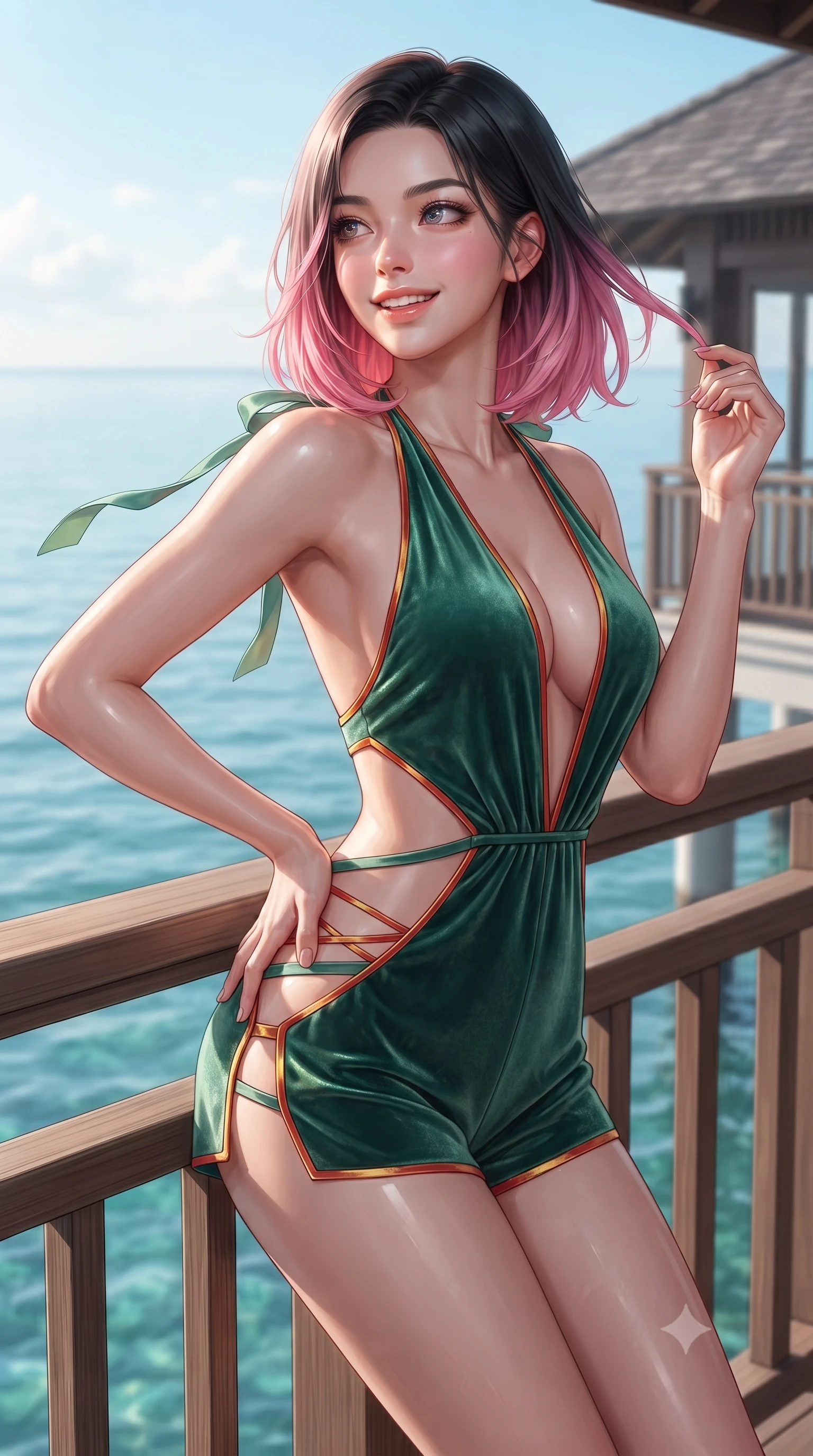 score_9, masterpiece, best quality, ultra-detailed, high-budget anime keyframe, editorial fashion photography, tasteful artistic composition, Korean woman. close-up cowboy shot from the waist and thighs up, the character dominates the composition, filling the frame with her large presence. twisting her slender torso in an alluring contrapposto stance, one hand resting on her sculpted hip while her fingers toy with her hair with effortless poise while leaning against the teak balustrade of the private swim-up terrace with hips cocked back, casting an intoxicating bedroom-gaze over the calm South China Sea. The surrounding environment is rendered in vivid detail and crisp panoramic clarity: detailed garment lines, wet cling or tailored fit, and overwater architectural craft in razor-sharp precision. She has an exceptionally elegant, slender, and willowy female figure with an ultra-slim waist, flat toned midriff, narrow ribcage, and sculpted feminine hips creating an alluring, slim hourglass silhouette without bulk. sharp v-shaped jawline, high-bridge nose, intricate jewel-like sparkling eyes with depth, thick eyelashes, glossy parted lips with a natural peach sheen, bright cheerful beaming smile with an enchanting and coquettish sensual glint, exuding both youthful cute charm and seductive allure, flawlessly proportioned anatomical accuracy, strict slender model proportions, natural body alignment, perfectly sculpted long slender limbs, ultra-slim waistline, clean dynamic posture without body distortion. wearing a daring low-cut halterneck romper with exposed midriff and strappy hip cutouts in Tanjong Pagar Peranakan jade green and gilded vermilion, tailored from ultra-plush silk velvet with rich tactile depth and deep shadow gradients, finished with satin ribbon ties at the shoulders fluttering in the gentle breeze, the second-skin tailored fabric adhering flawlessly to her sculpted flat midriff and slender torso, emphasizing her long leg lines and perfectly proportioned willowy build. illuminated by reef water caustics bounce and sharp platinum-cyan rim lights sculpting her jawline, narrow waist, and curvy hips. ultra-reflective glossy finish, specular highlights, rich textural contrasts, high-contrast stereoscopic depth, volumetric dynamic lighting, 2k, ultra detail, master piece, 9:16 ratio