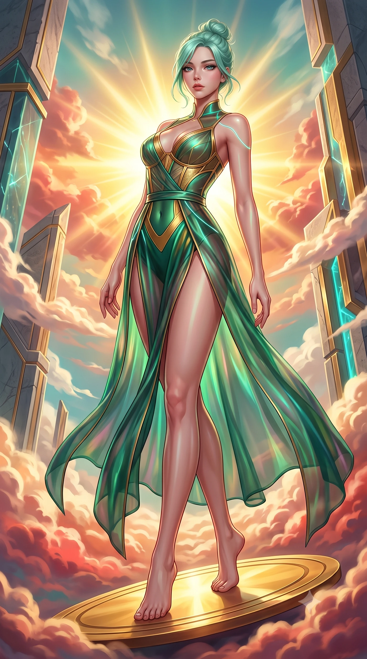 score_9, masterpiece, best quality, ultra-detailed, high-budget anime keyframe, semi-realistic 3D game render, editorial fashion photography, tasteful artistic composition, Japanese woman. low angle full-body shot from head to toe showing her feet, filling the entire 9:16 vertical frame with her statuesque presence, stretching her vertical silhouette. arching her back in a fluid zero-gravity turn with sovereign grace, her long slender legs and sculpted torso creating a sweeping line while pivoting dynamically on a floating golden sun-disc runway as crimson and gold sunrise clouds swirl beneath her feet. The surrounding environment is rendered in vivid detail and crisp panoramic clarity. vivid high-contrast morning solar illumination and celestial monument design in panoramic sharpness. She has an absolutely perfect, statuesque 8.5-heads proportion, an exceptionally tall and slender model-like female figure with impossibly long slender legs, a toned flat midriff, and an ultra-slim waist. sharp v-shaped jawline, high-bridge nose, intricate jewel-like eyes with depth, thick eyelashes, glossy lips with a natural sheen, flawlessly proportioned anatomical accuracy, strict slender model proportions, natural body alignment, perfectly sculpted long slender limbs, ultra-slim waistline, clean dynamic posture without body distortion. wearing a translucent iridescent organza wrap dress with structured bustier boning, plunging neckline, and high-cut dual leg slits in bright emerald green satin and gold hardware, made of liquid metal jersey that clings flawlessly to every contour of her build, accented with glowing fiber-optic seams tracing her collarbones and hip curves, the form-contouring material adhering flawlessly to her sculpted flat midriff and slender torso, emphasizing her long leg lines and perfectly proportioned willowy build. bathed in blazing golden dawn sunbursts and warm peach-crimson cloud reflections. highly saturated vibrant anime colors, detailed shading with soft gradients, rich glossy textures, high-contrast stereoscopic depth, volumetric dynamic lighting, master piece, 9:16 ratio