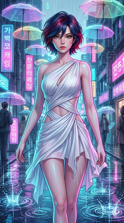 score_9, masterpiece, best quality, ultra-detailed, high-budget anime keyframe, Korean woman. upper body close-up from the thighs up, character filling the screen for maximum presence. navigating a wet neon-lit future street under colorful floating u