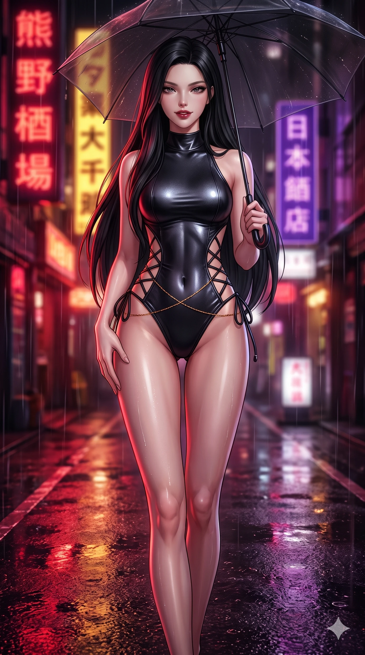 score_9, masterpiece, best quality, ultra-detailed, high-budget anime keyframe, semi-realistic 3D game render, editorial fashion photography, tasteful artistic composition, Korean woman. close-up cowboy shot from the waist and thighs up, the character dominates the composition, filling the frame with her large presence. tilting her head with a teasing half-smile, running one hand slowly down the side of her hip in a flirtatious S-curve as ambient neon caresses her silhouette while walking dynamically down the glistening wet asphalt alley beneath a translucent black umbrella, hips swaying gracefully in a captivating supermodel rhythm. The background shows a soft-focus vertical kanji neon signs in deep crimson, gold, and royal purple blurred into dazzling saturated reflections and dreamy rain bokeh. She has an exceptionally elegant, slender, and willowy female figure with an ultra-slim waist, flat toned midriff, narrow ribcage, and sculpted feminine hips creating an alluring, slim hourglass silhouette without bulk. sharp v-shaped jawline, high-bridge nose, intricate jewel-like dark sparkling eyes with dangerous depth, thick curled eyelashes, glossy parted lips with a rich wine sheen, smoldering seductive half-smile with bedroom-eyes, exuding effortless superiority and intoxicating dark allure, flawlessly proportioned anatomical accuracy, strict slender model proportions, natural body alignment, perfectly sculpted long slender limbs, ultra-slim waistline, clean dynamic posture without body distortion. wearing a low-slung cutaway leather bodysuit with bare hip flanks and criss-cross cord ties in pure obsidian monochrome with subtle metallic sheen, adorned with laser-cut diamond side panels revealing teasing glimpses of bare skin, accented with a dainty gold belly chain resting across her flat midriff and curving hips, the form-fitting cut adhering flawlessly to her sculpted flat midriff and slender torso, emphasizing her long leg lines and perfectly proportioned willowy build. bathed in intense saturated crimson and warm gold neon underlights contrasting with dark rain-soaked shadow tones. highly saturated vibrant anime colors, detailed shading with soft gradients, rich glossy textures, high-contrast stereoscopic depth, volumetric dynamic lighting, master piece, 9:16 ratio